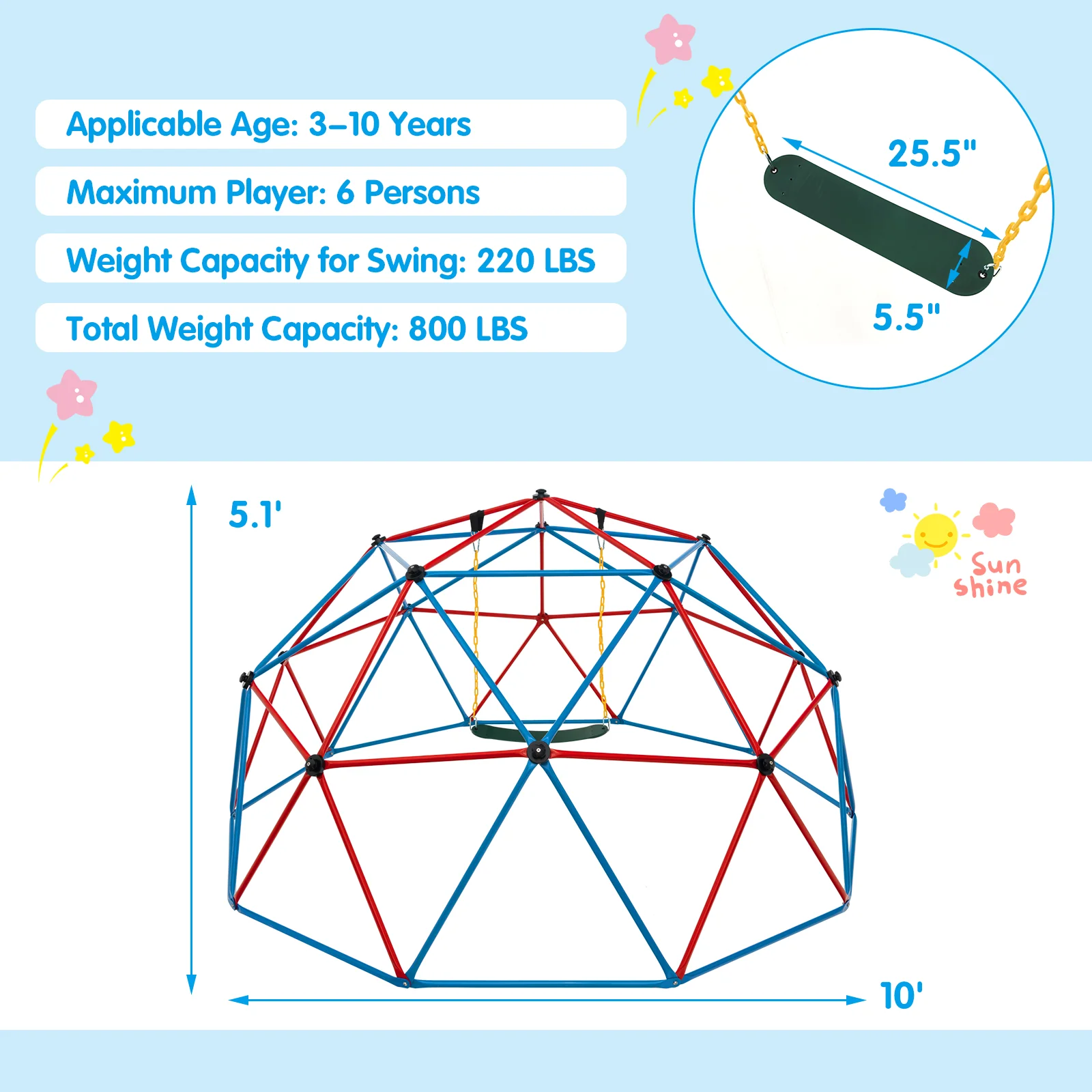 10 Feet Dome Climber with Swing and 800 Lbs Load Capacity - Image 12