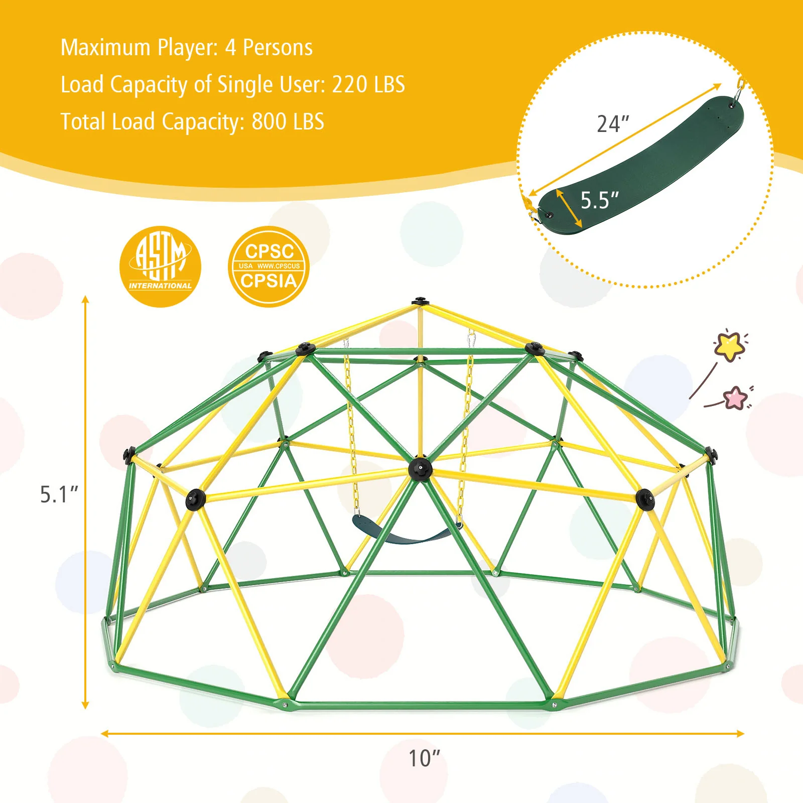 10 Feet Dome Climber with Swing and 800 Lbs Load Capacity - Image 21