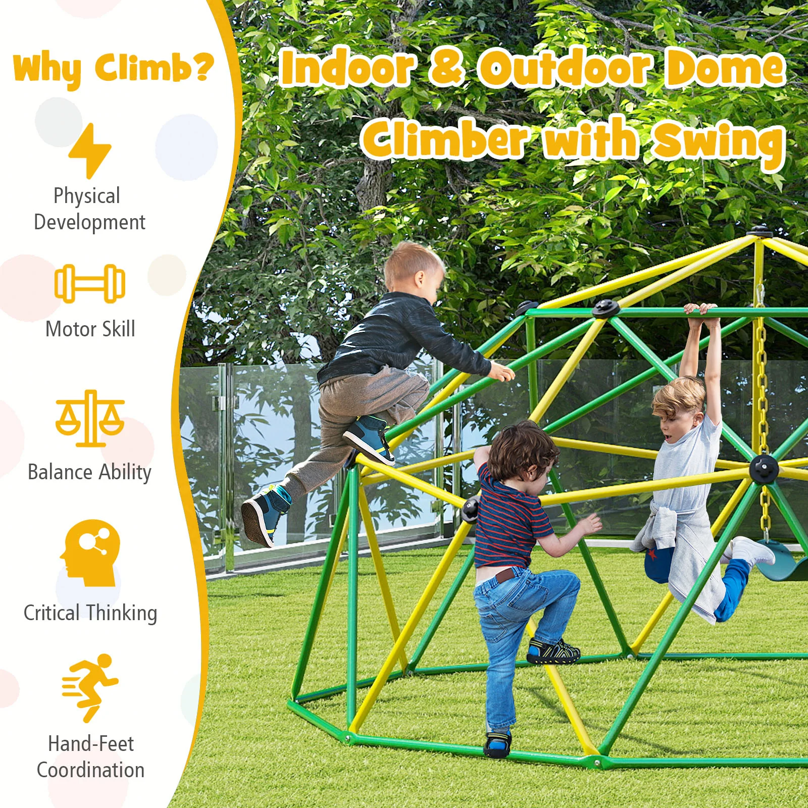 10 Feet Dome Climber with Swing and 800 Lbs Load Capacity - Image 22