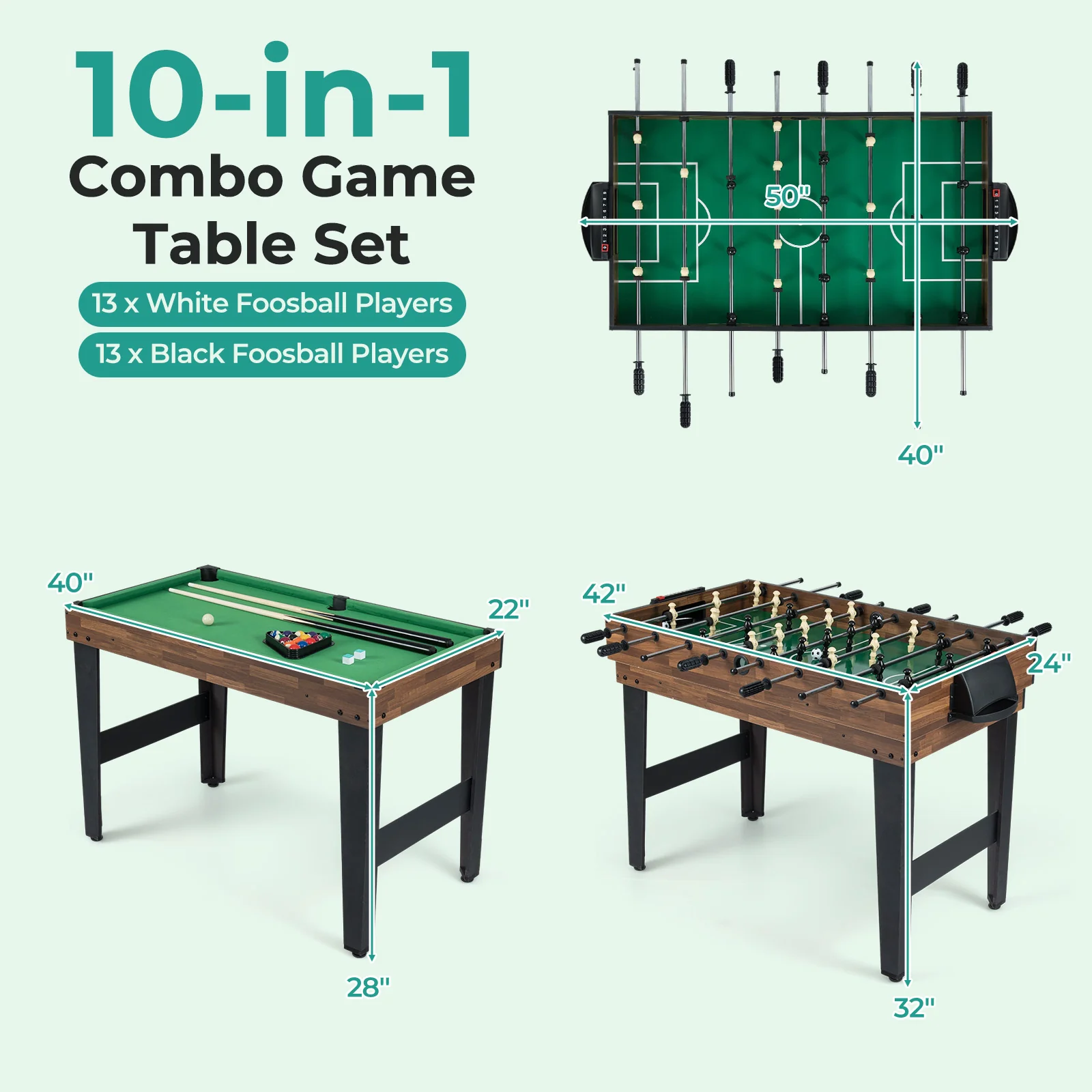 10-in-1 Combo Game Table Set 50inch Multi-Game Table with Foosball-Brown - Image 3