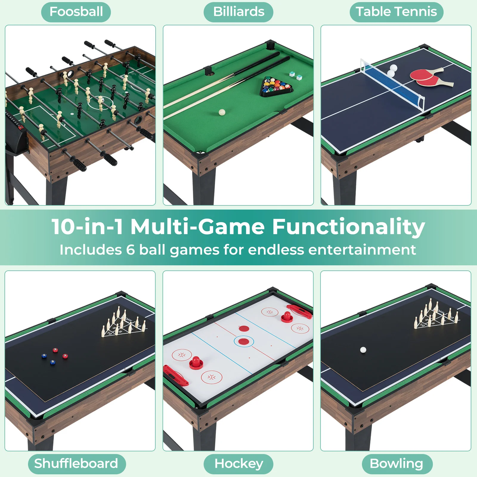 10-in-1 Combo Game Table Set 50inch Multi-Game Table with Foosball-Brown - Image 5