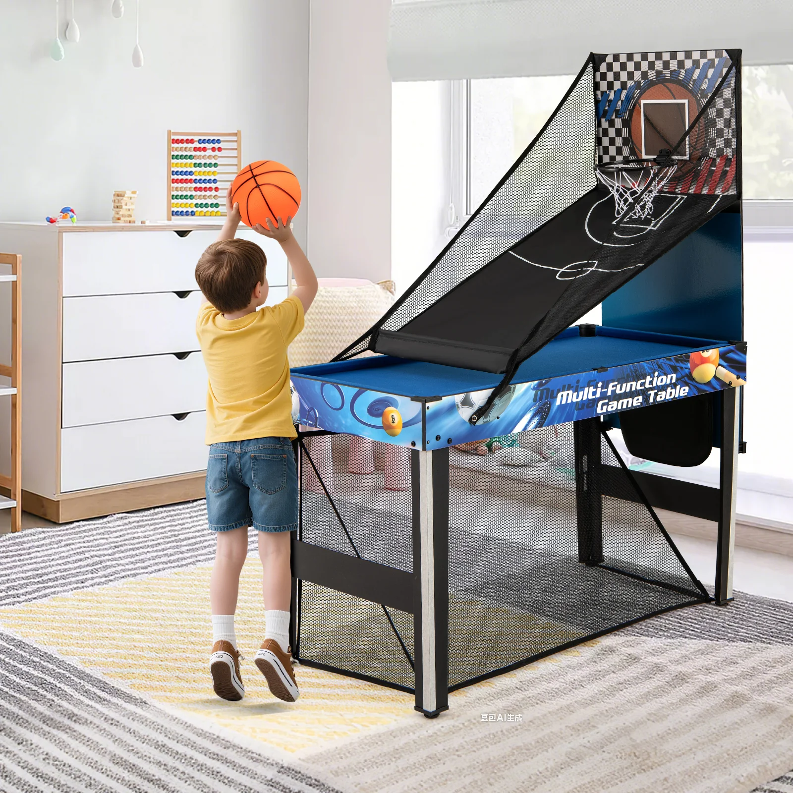 10-in-1 Combo Game Table Set with Table Tennis Basketball Soccer-Blue - Image 2