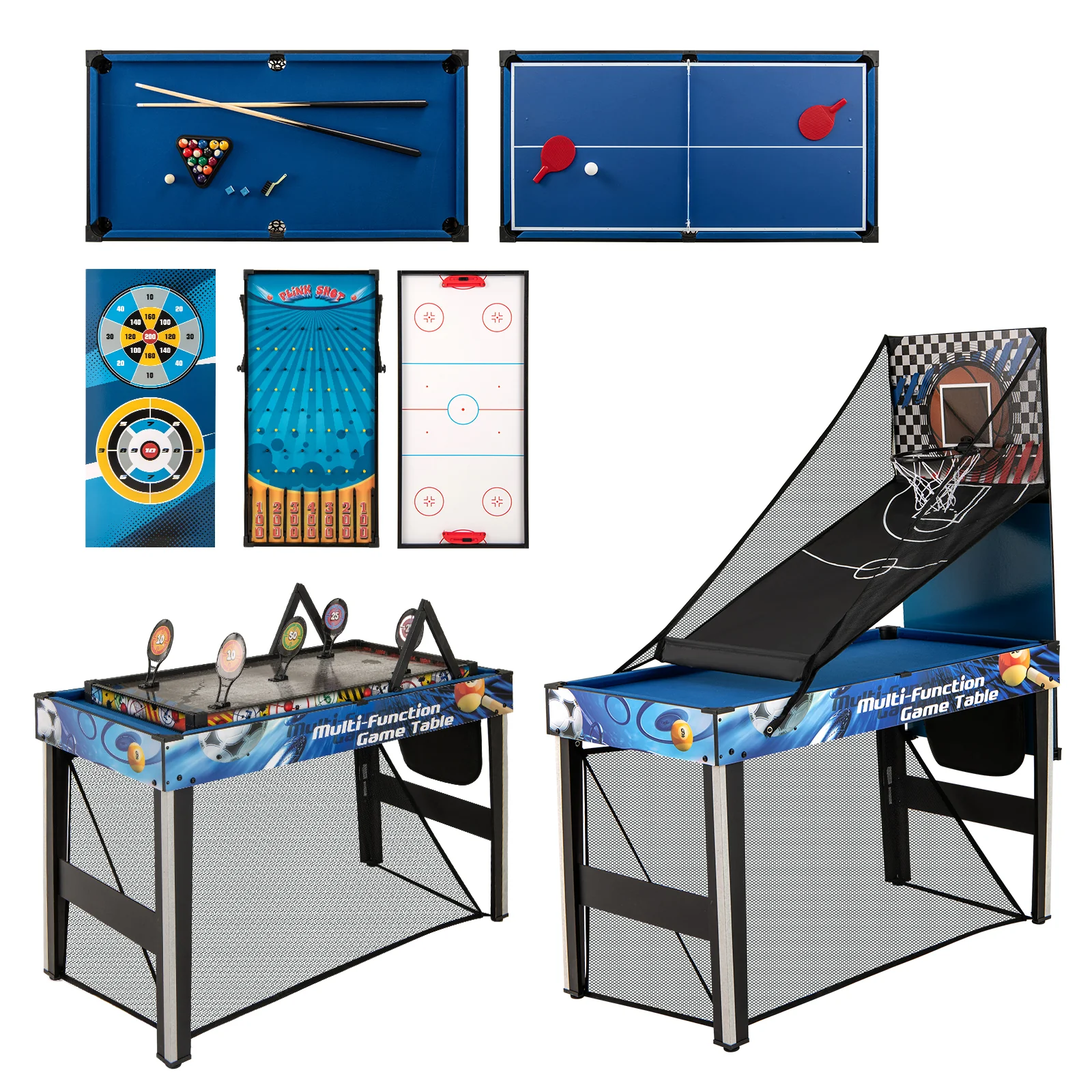 10-in-1 Combo Game Table Set with Table Tennis Basketball Soccer-Blue - Image 3