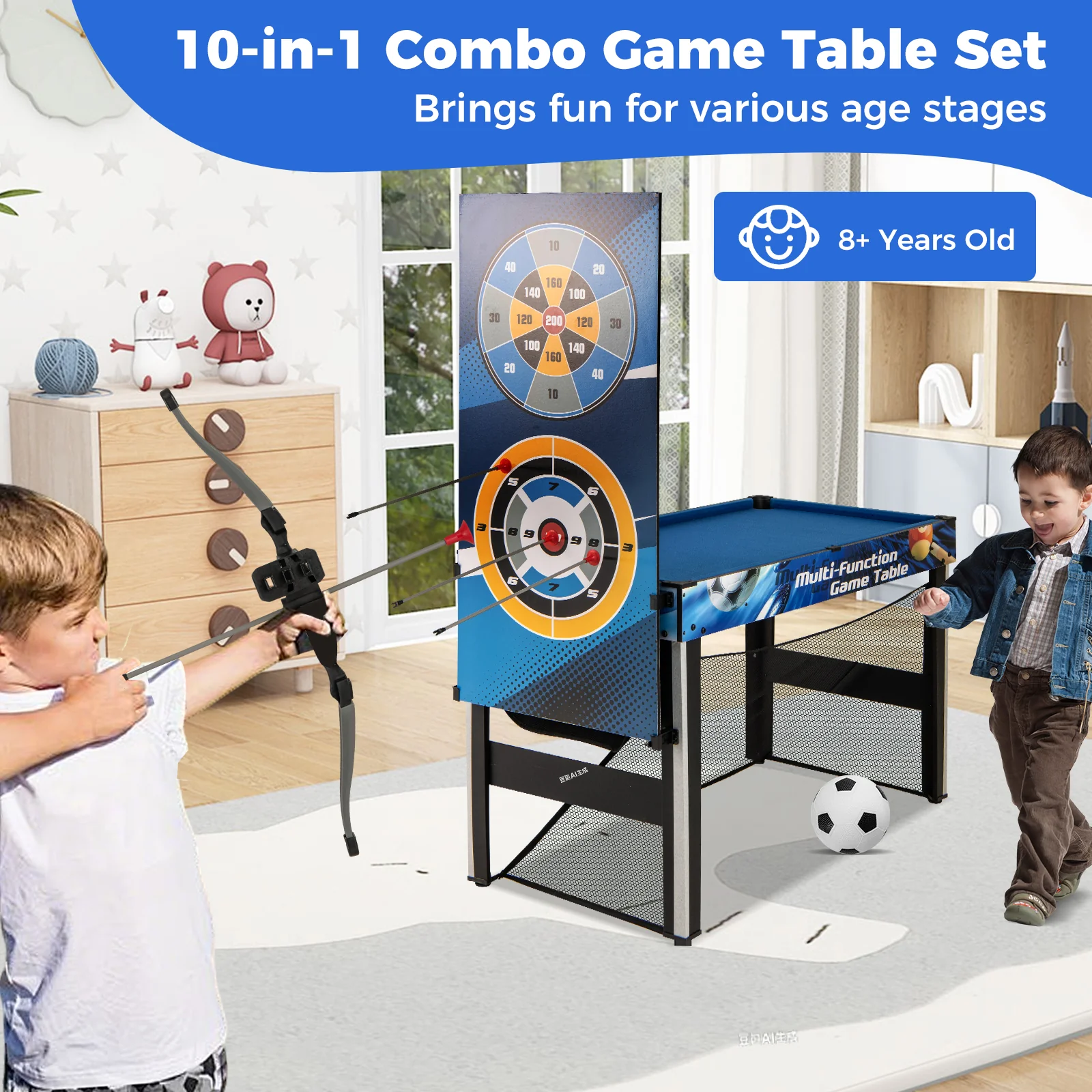 10-in-1 Combo Game Table Set with Table Tennis Basketball Soccer-Blue - Image 5