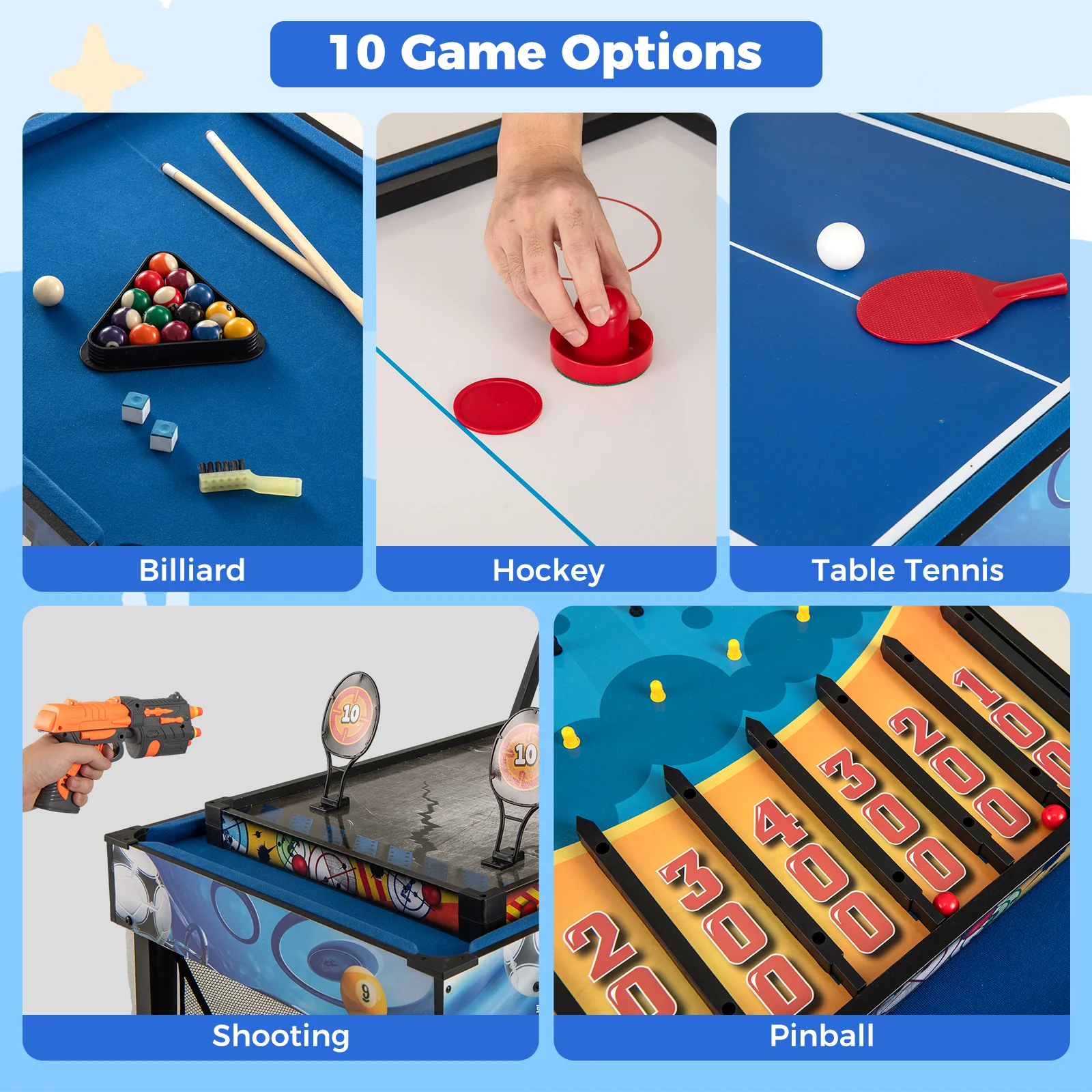 10-in-1 Combo Game Table Set with Table Tennis Basketball Soccer-Blue - Image 6