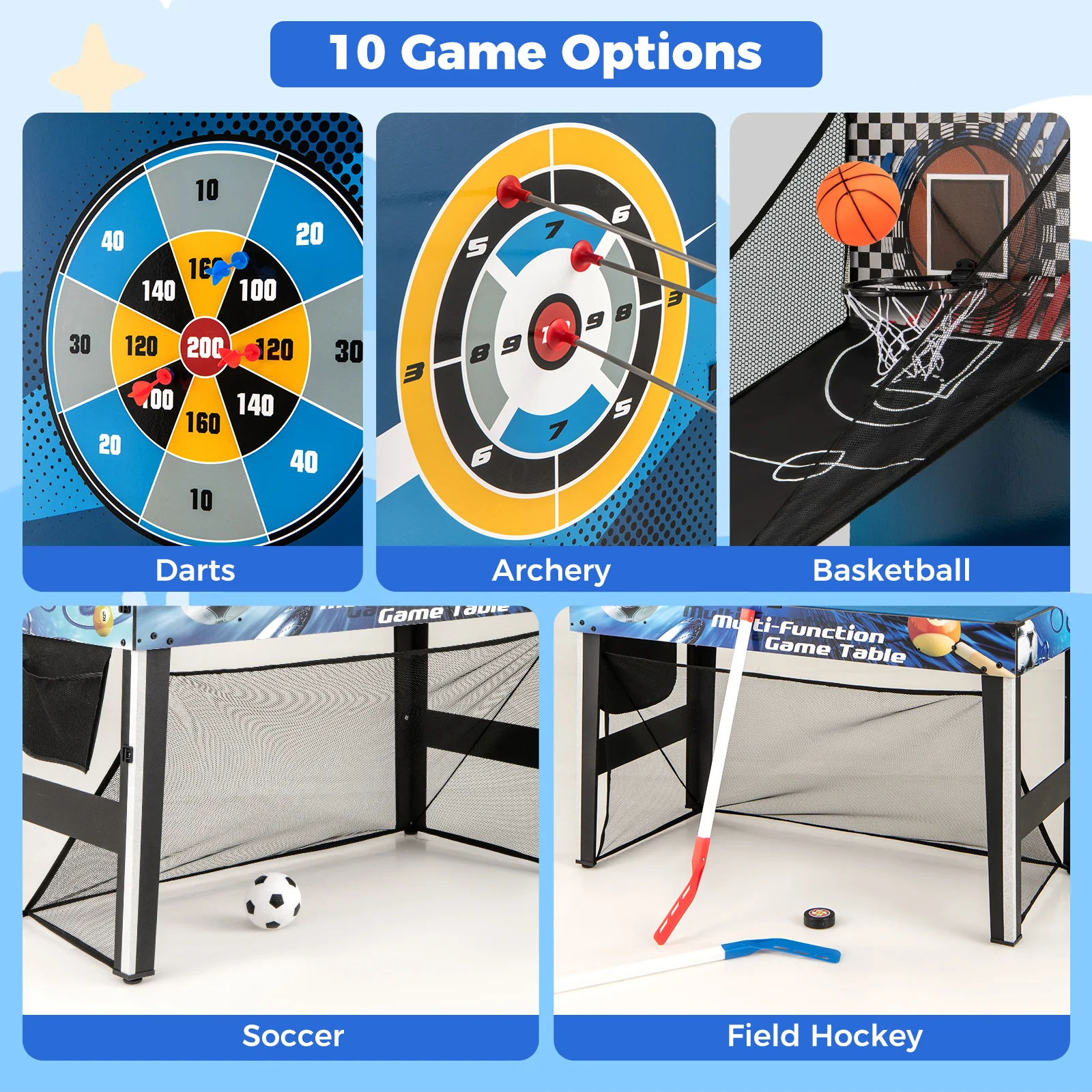 10-in-1 Combo Game Table Set with Table Tennis Basketball Soccer-Blue - Image 7