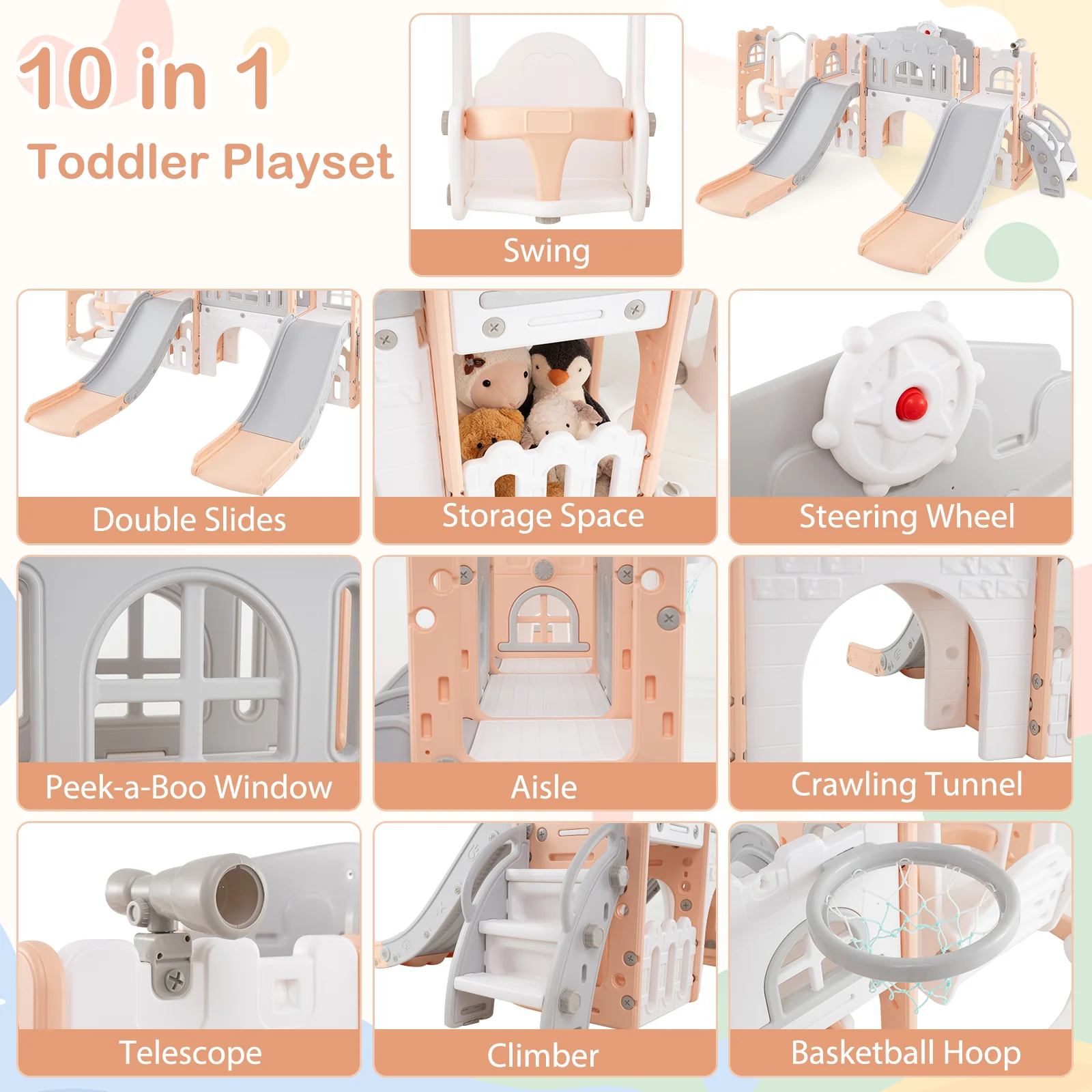 10-in-1 Toddler Slide and Swing Set with Double Slides and Tunnel - Image 14