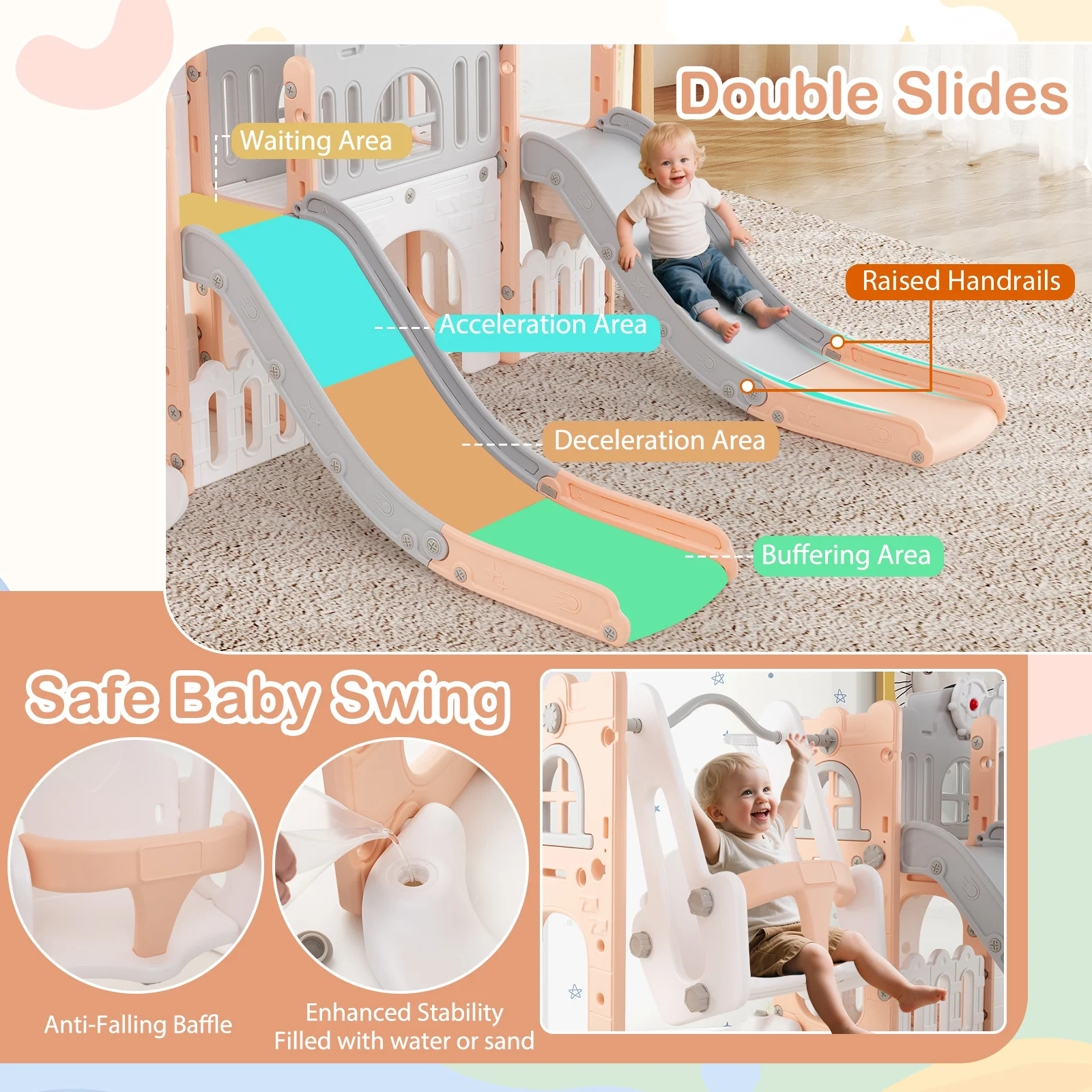 10-in-1 Toddler Slide and Swing Set with Double Slides and Tunnel - Image 16