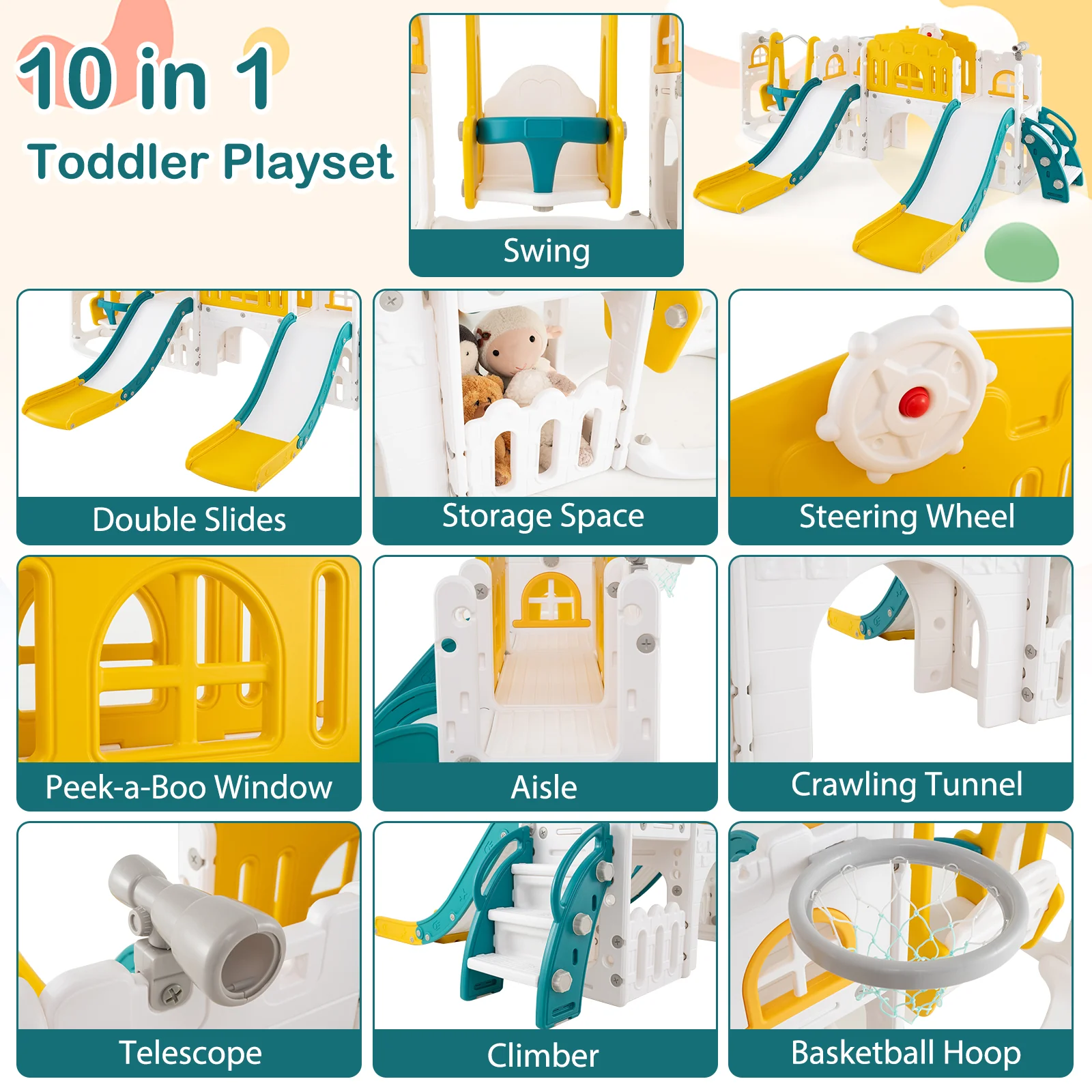 10-in-1 Toddler Slide and Swing Set with Double Slides and Tunnel - Image 6