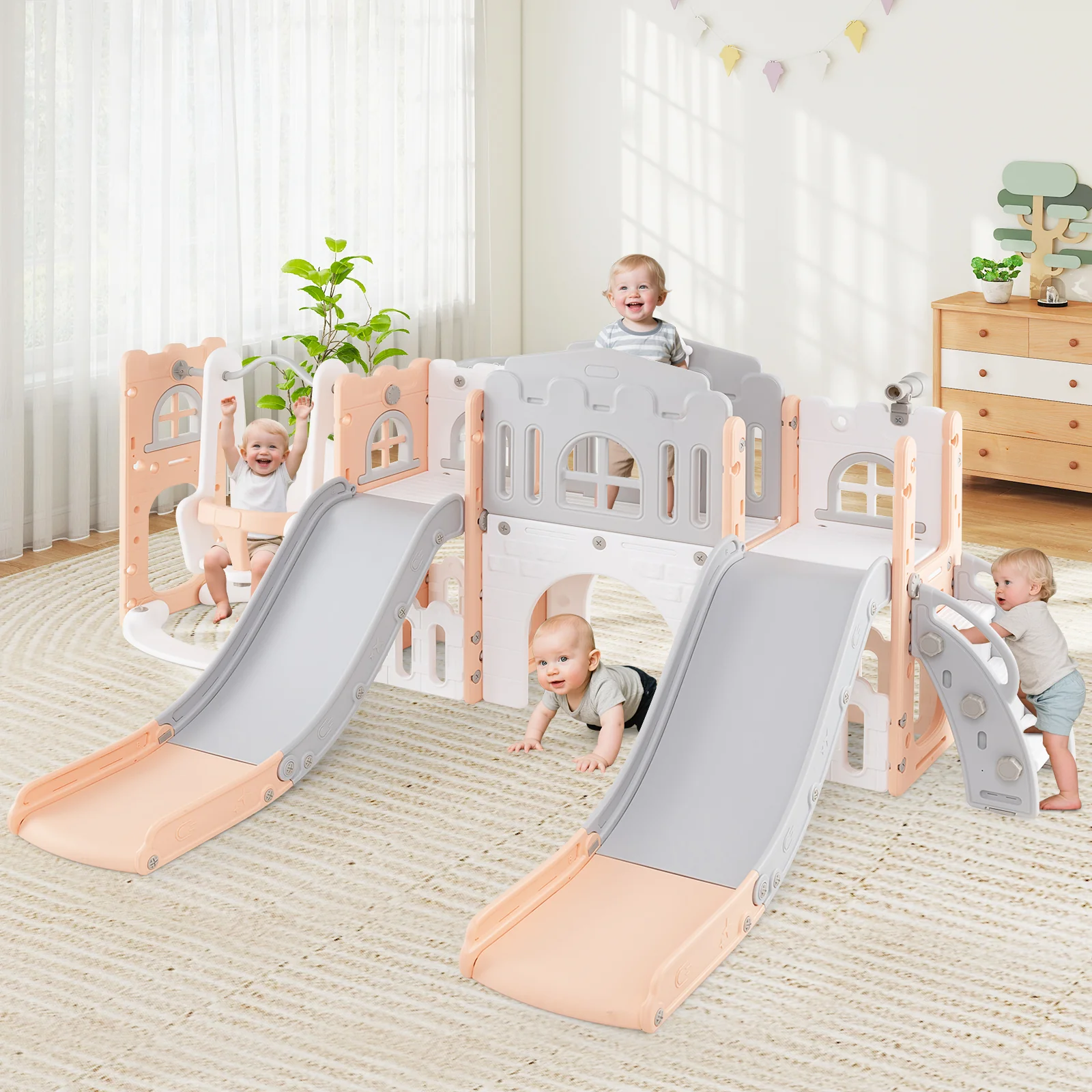 10-in-1 Toddler Slide and Swing Set with Double Slides and Tunnel - Image 9