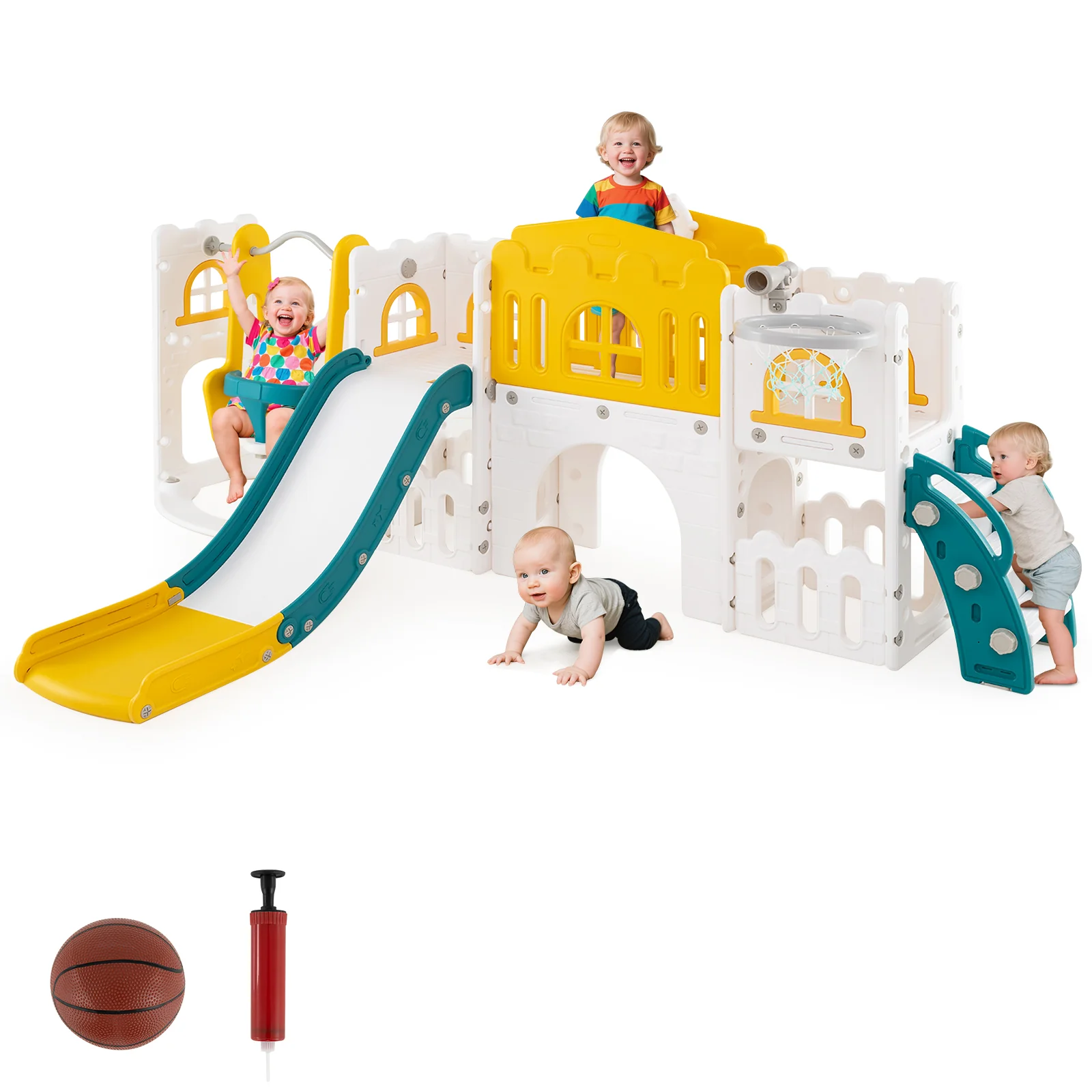 10-in-1 Toddler Swing and Slide Set Climber Playset with Basketball Hoop - Image 11