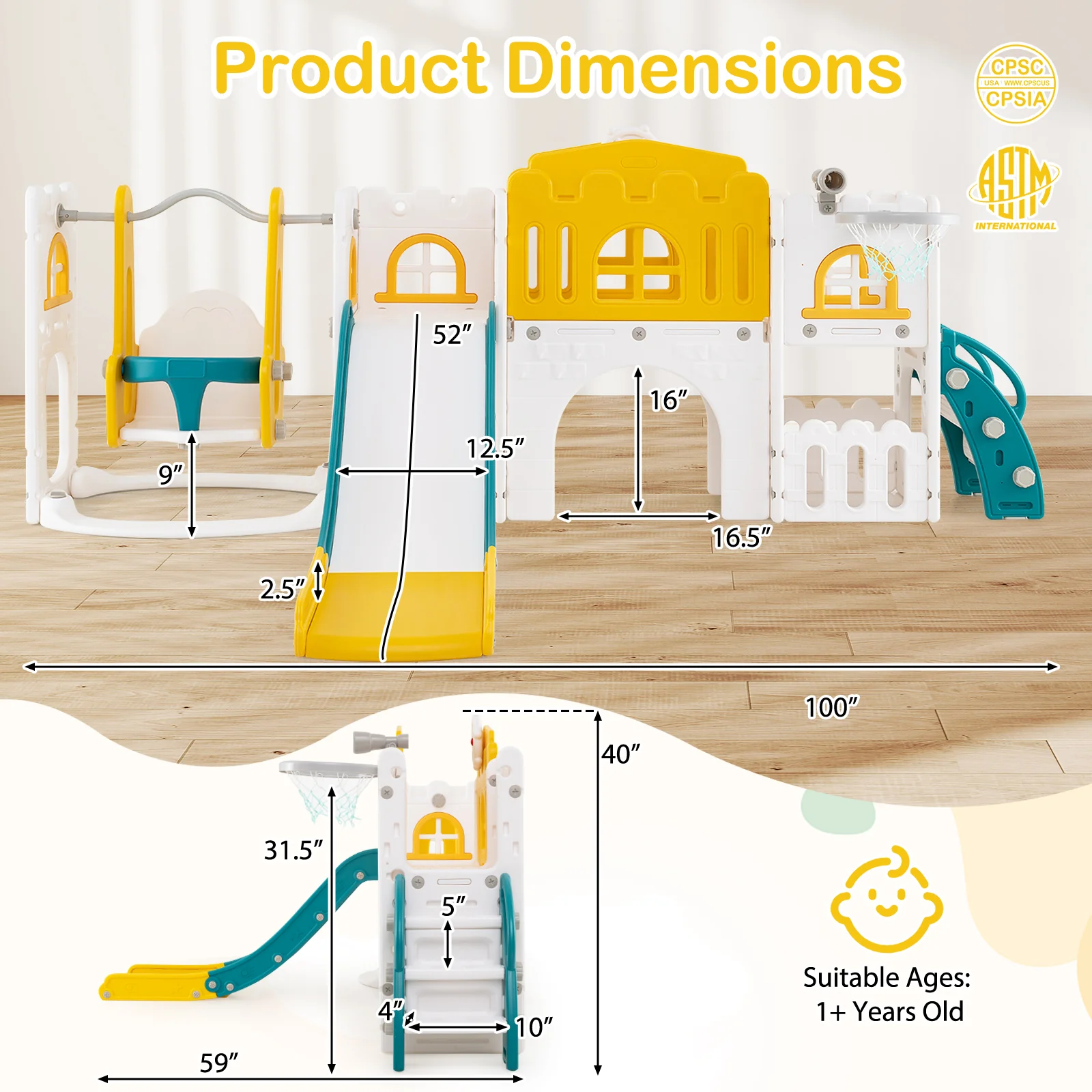 10-in-1 Toddler Swing and Slide Set Climber Playset with Basketball Hoop - Image 12