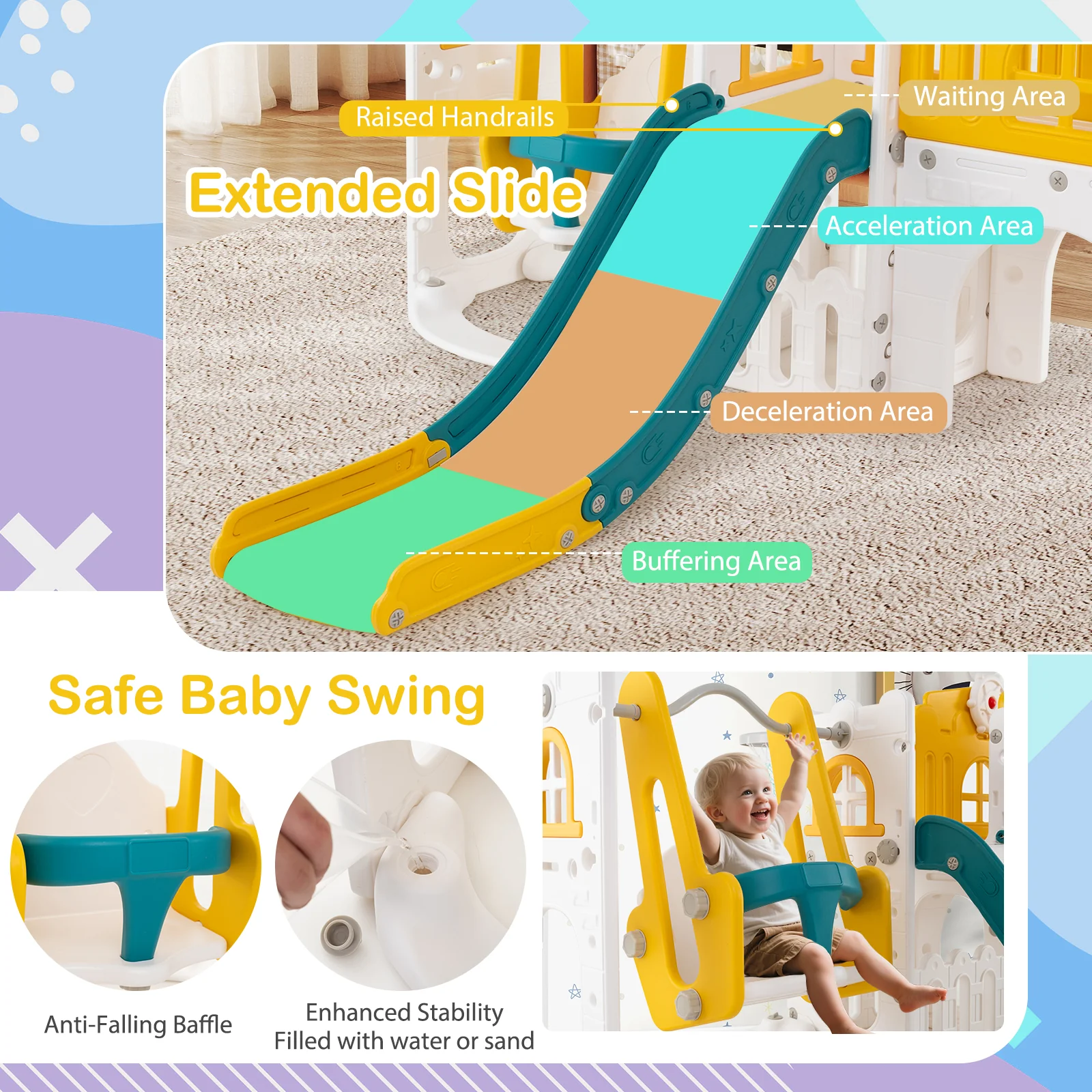 10-in-1 Toddler Swing and Slide Set Climber Playset with Basketball Hoop - Image 15