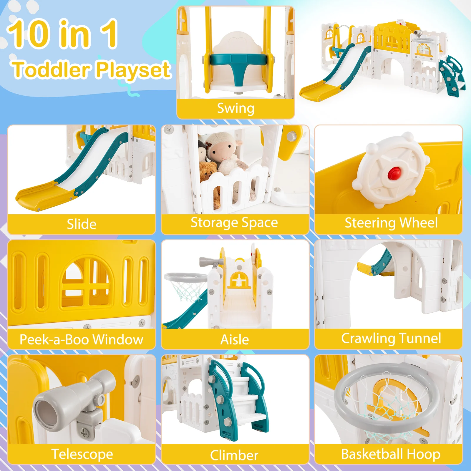 10-in-1 Toddler Swing and Slide Set Climber Playset with Basketball Hoop - Image 16