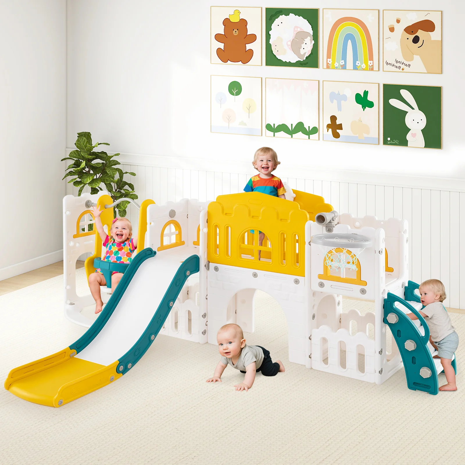10-in-1 Toddler Swing and Slide Set Climber Playset with Basketball Hoop - Image 9