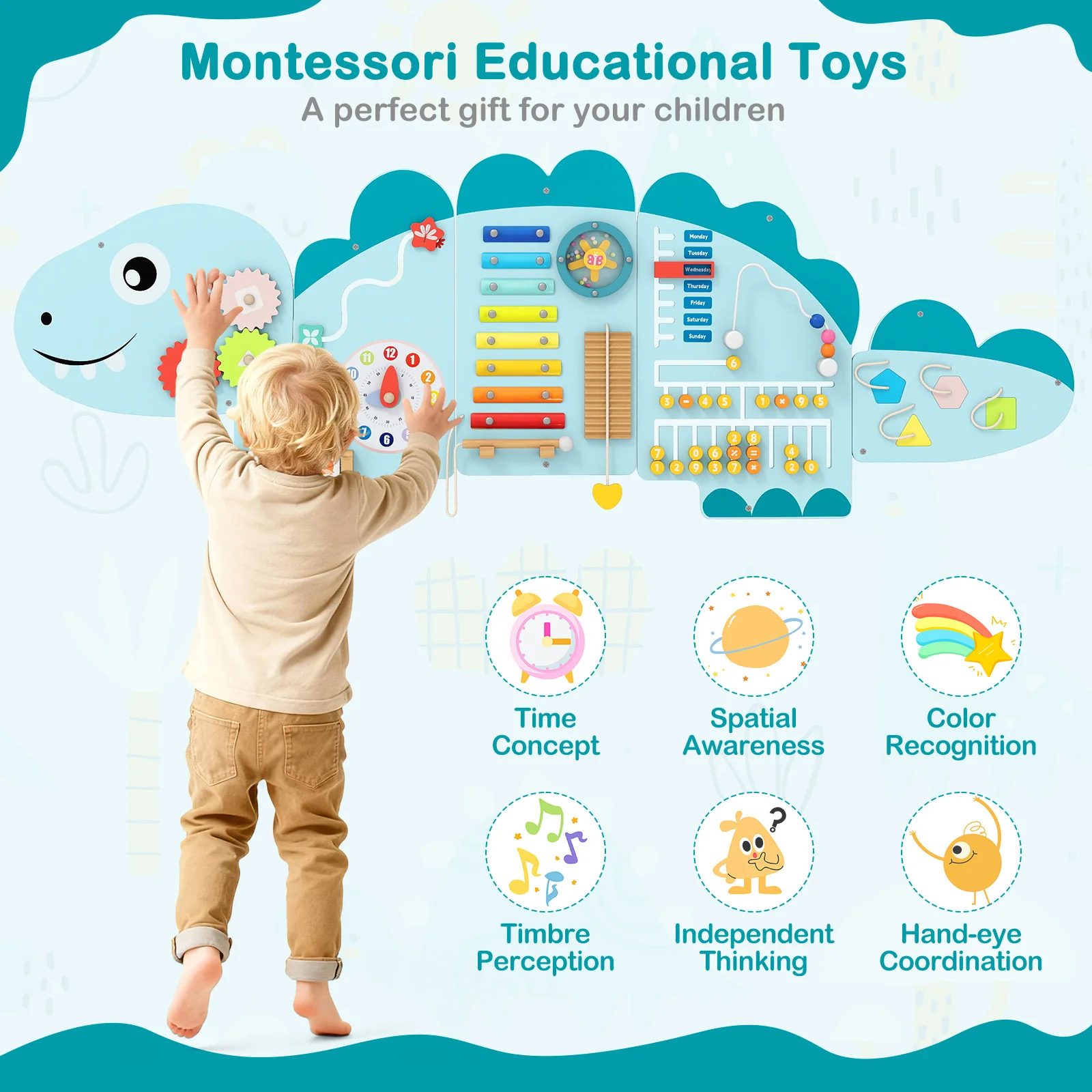 11-in-1 Dinosaur Activity Wall Busy Board Panels for Toddlers Education and Early Development - Image 31