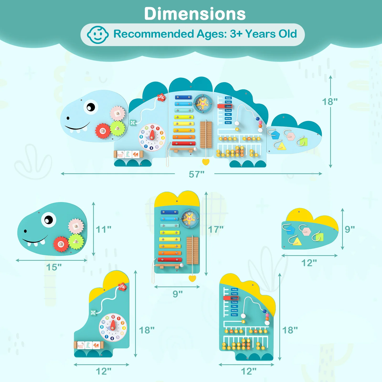 11-in-1 Dinosaur Activity Wall Busy Board Panels for Toddlers Education and Early Development - Image 5