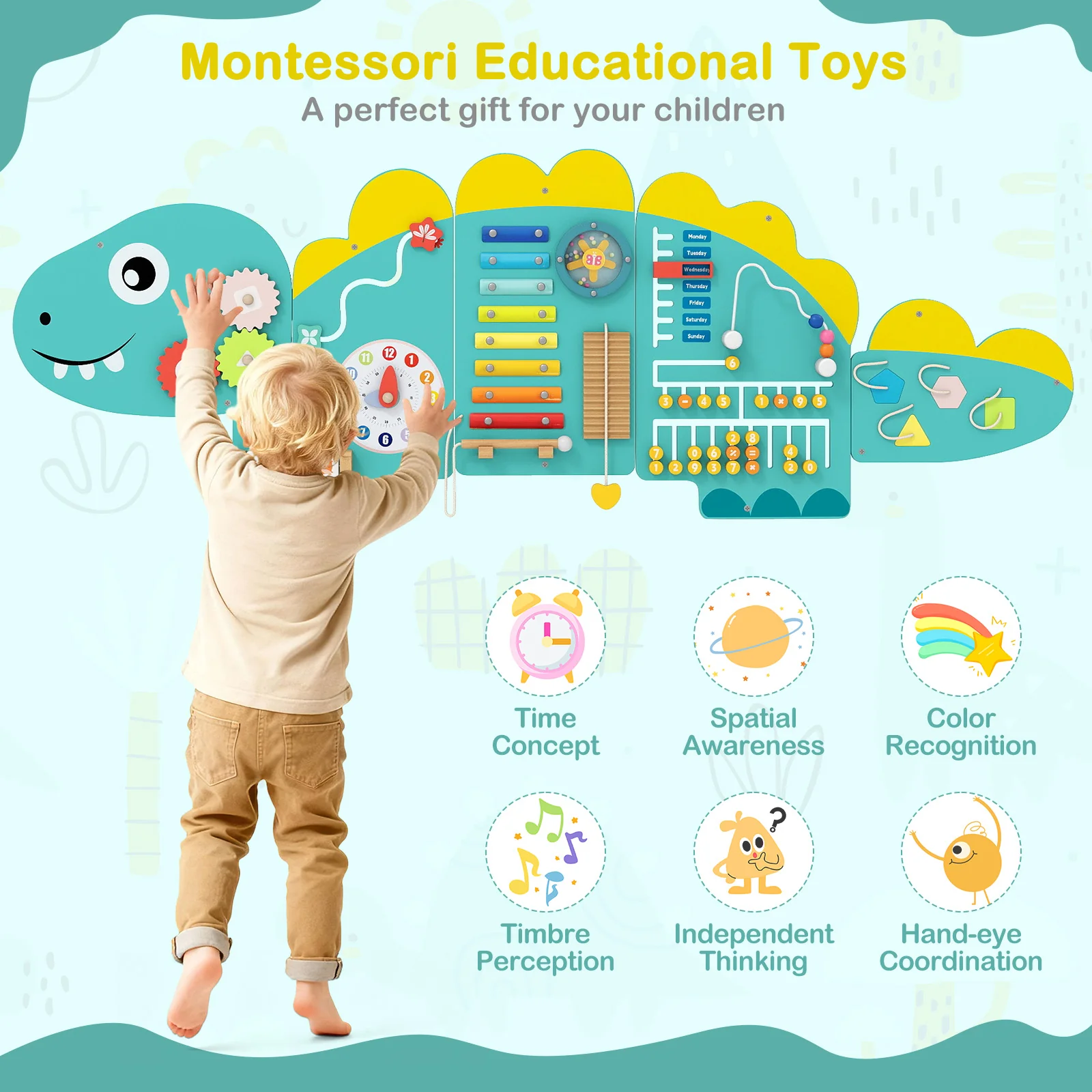 11-in-1 Dinosaur Activity Wall Busy Board Panels for Toddlers Education and Early Development - Image 7