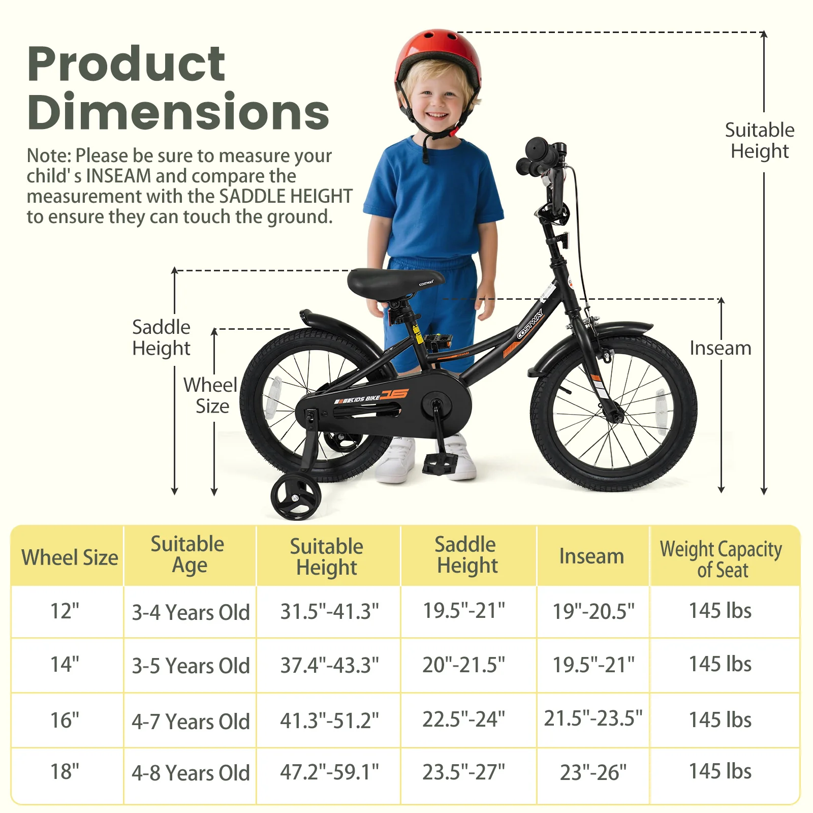 12/14/16/18 Inches Kids Bike with Removable Training Wheels and Adjustable Seatfor 3-8 Years Old Black - Image 12