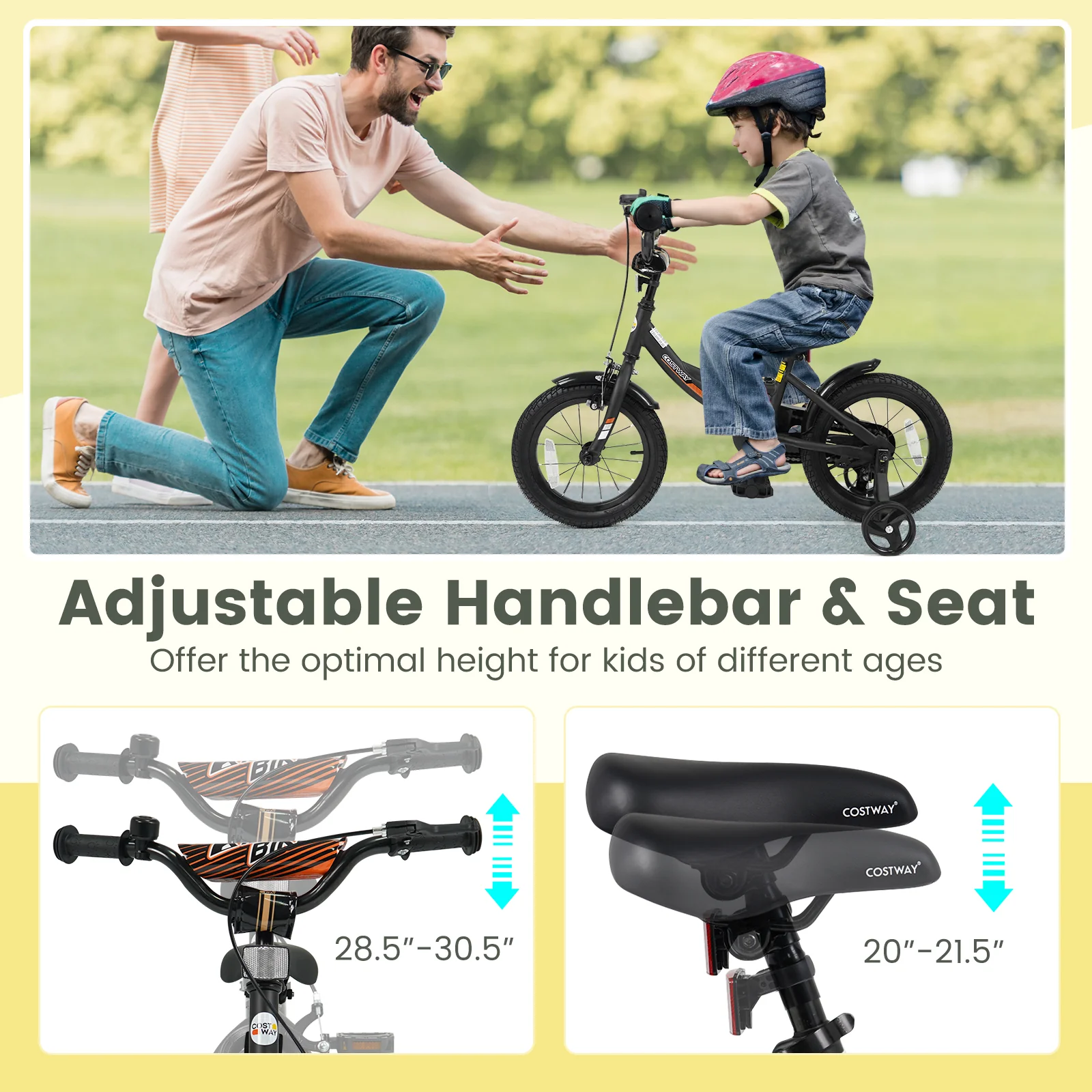 12/14/16/18 Inches Kids Bike with Removable Training Wheels and Adjustable Seatfor 3-8 Years Old Black - Image 6