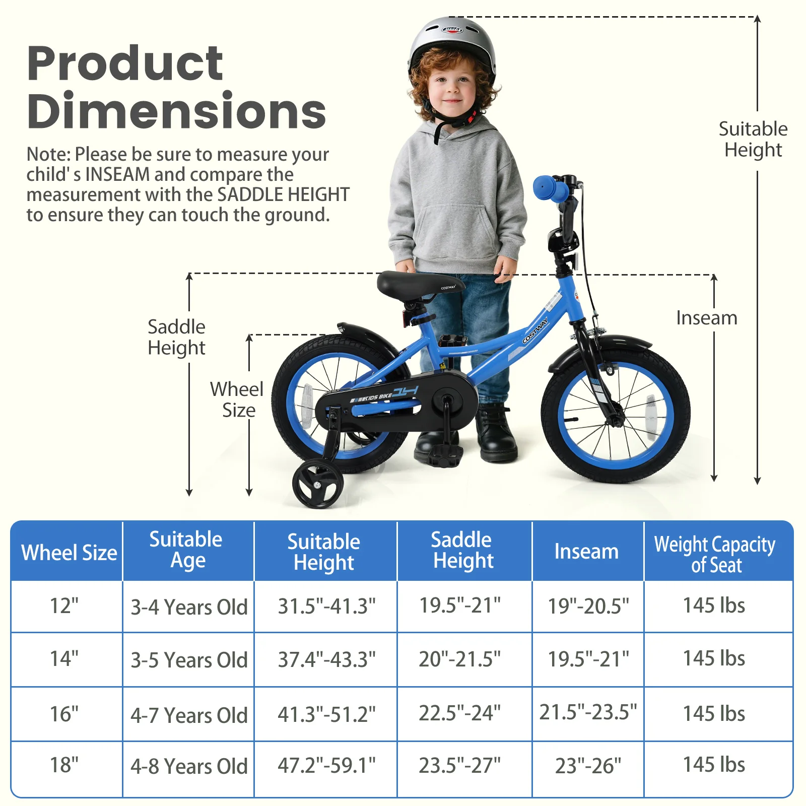 12/14/16/18 Inches Kids Bike with Removable Training Wheels and Adjustable Seatfor 3-8 Years Old Navy - Image 4
