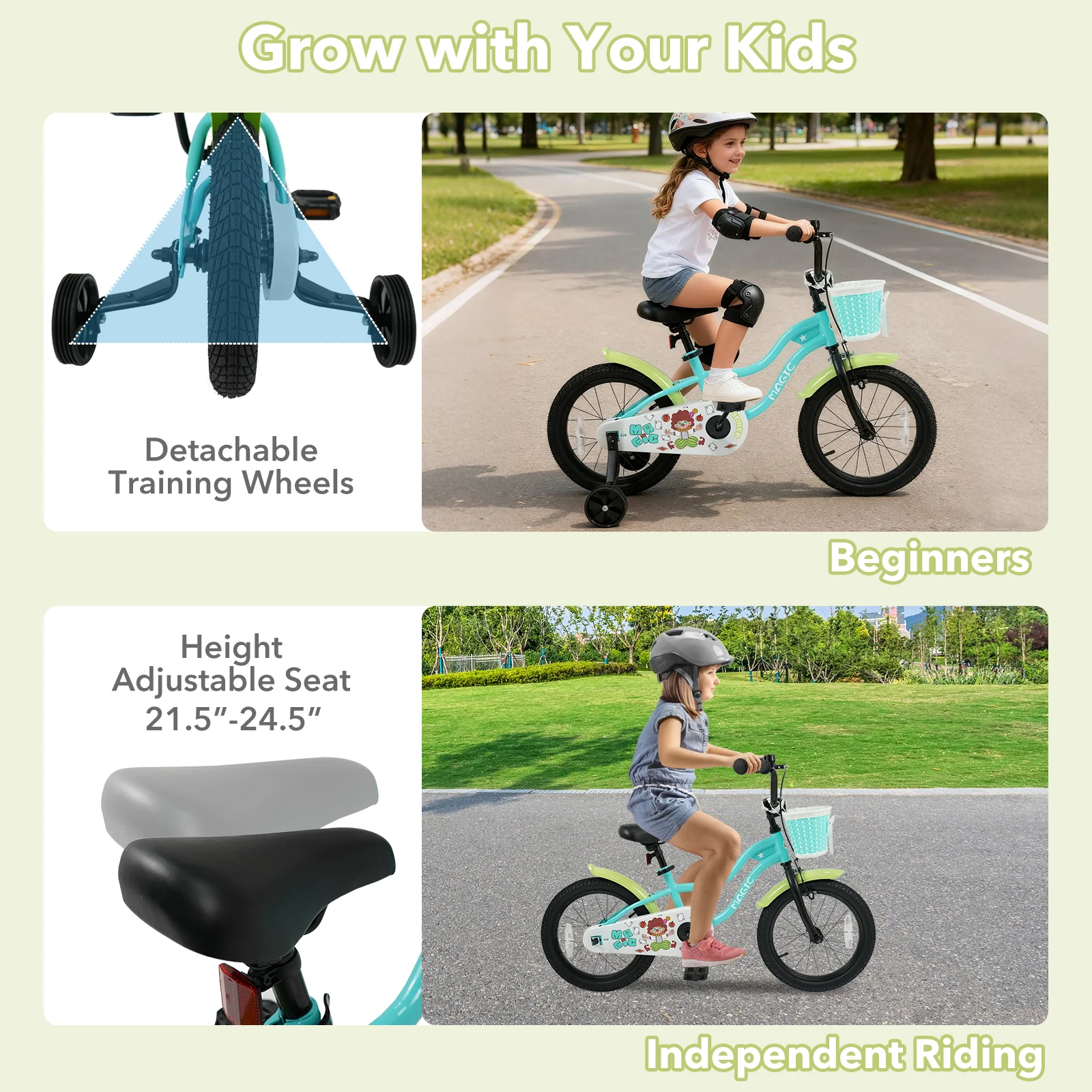 12/14/16 Inch Kids Bike with Training Wheels and Basket Green Color - Image 14