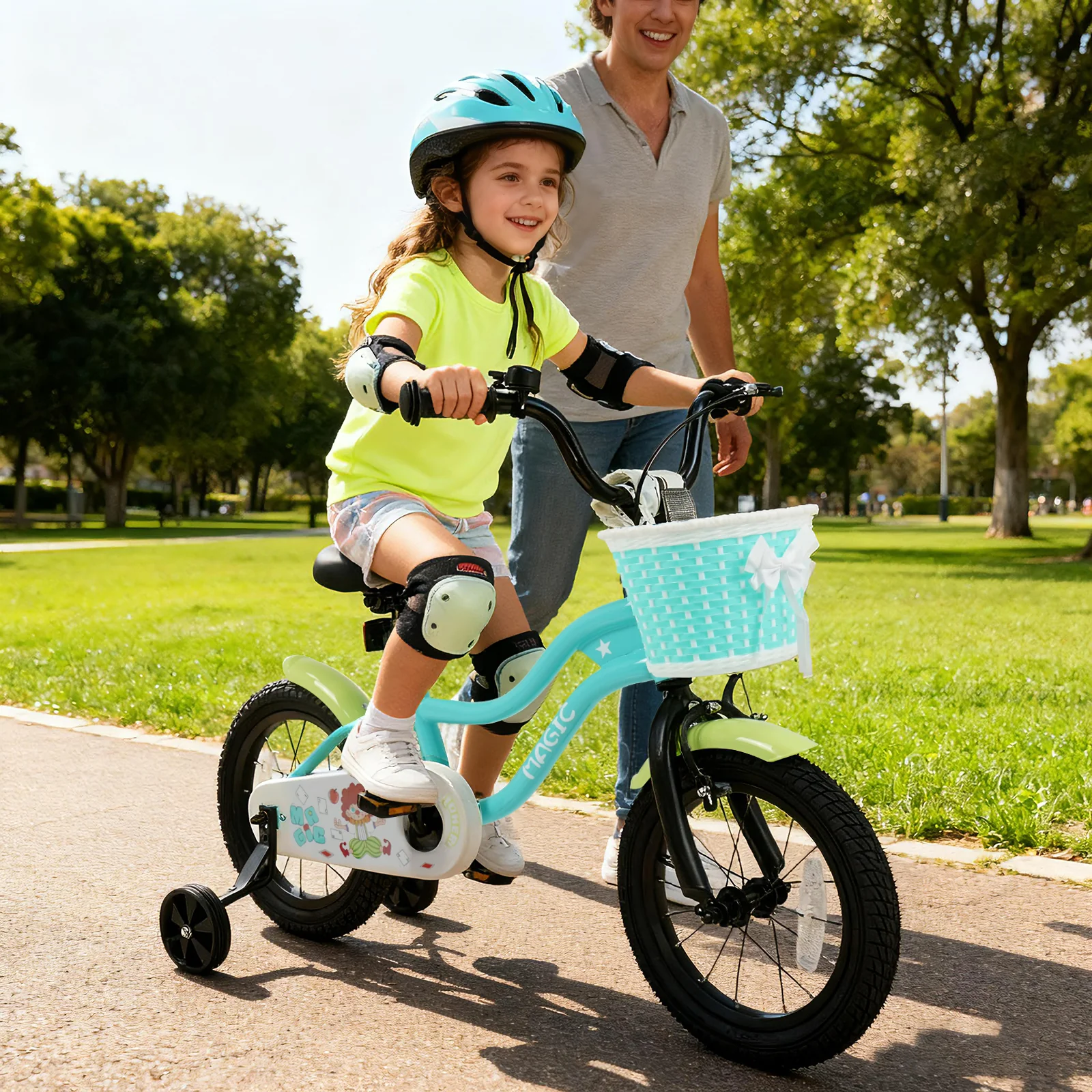 12/14/16 Inch Kids Bike with Training Wheels and Basket Green Color - Image 2