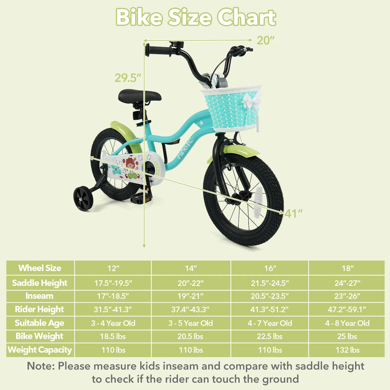 12/14/16 Inch Kids Bike with Training Wheels and Basket Green Color - Image 4