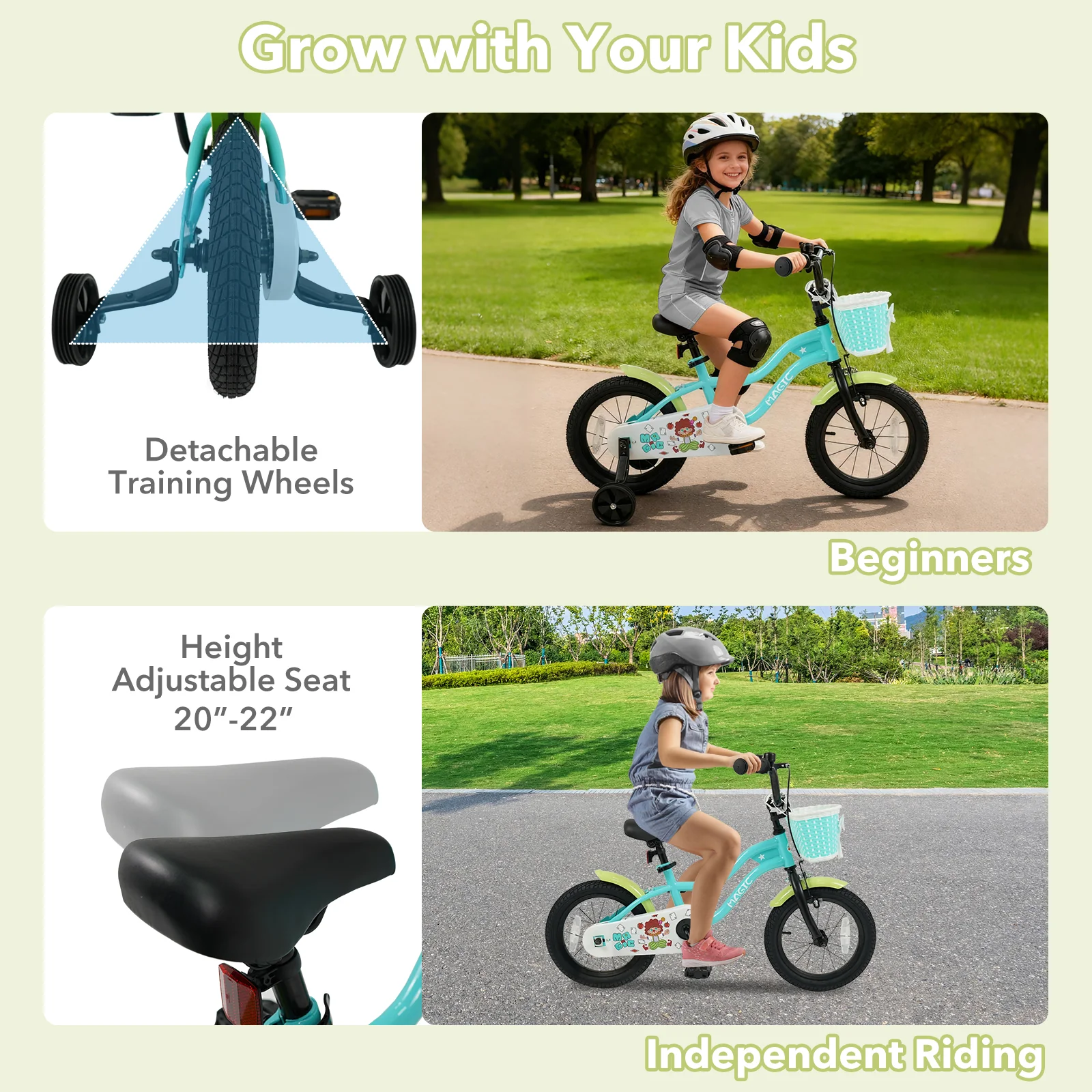 12/14/16 Inch Kids Bike with Training Wheels and Basket Green Color - Image 6