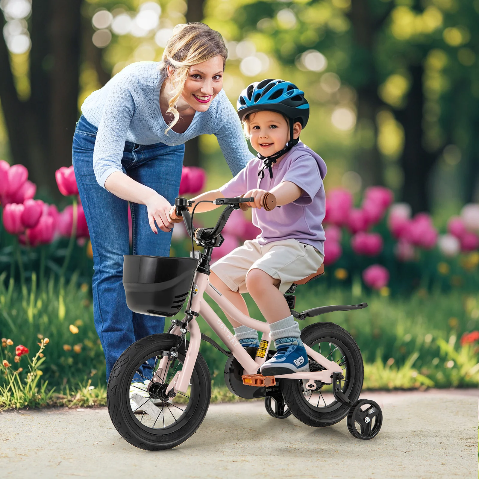12 Inch Kids Bike with Helmet Protective Set Black & Pink - Image 2