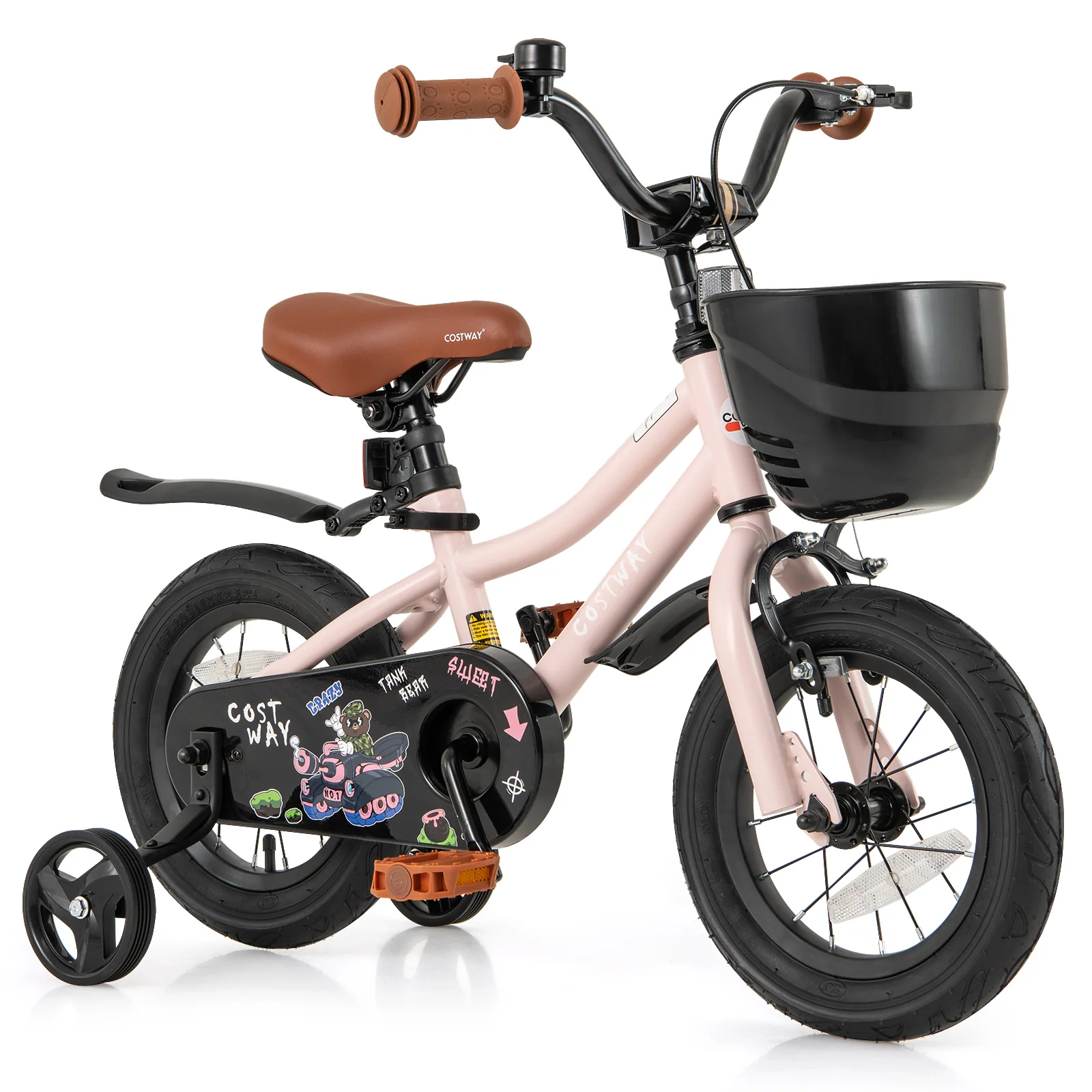 12 Inch Kids Bike with Helmet Protective Set Black & Pink - Image 3