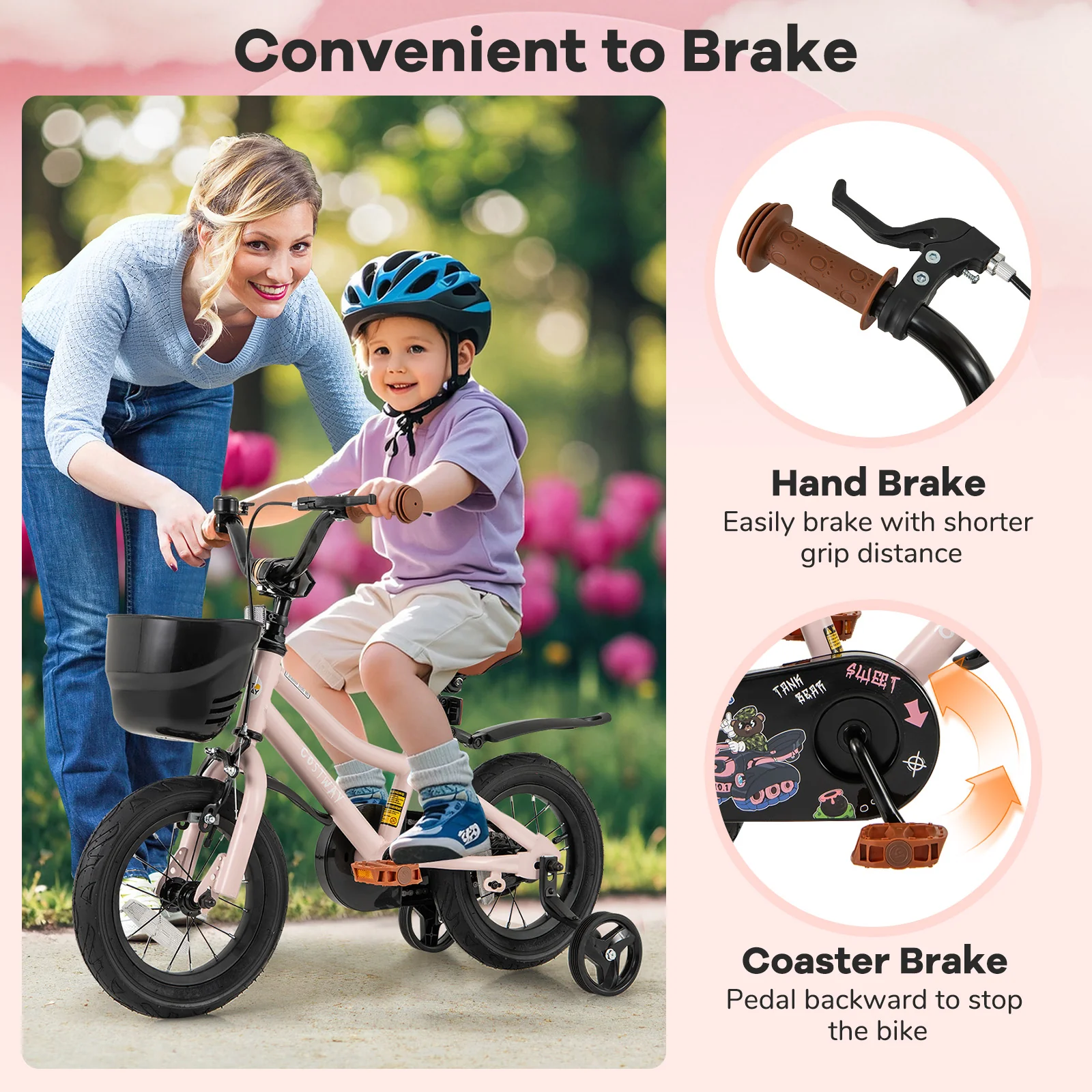 12 Inch Kids Bike with Helmet Protective Set Black & Pink - Image 8