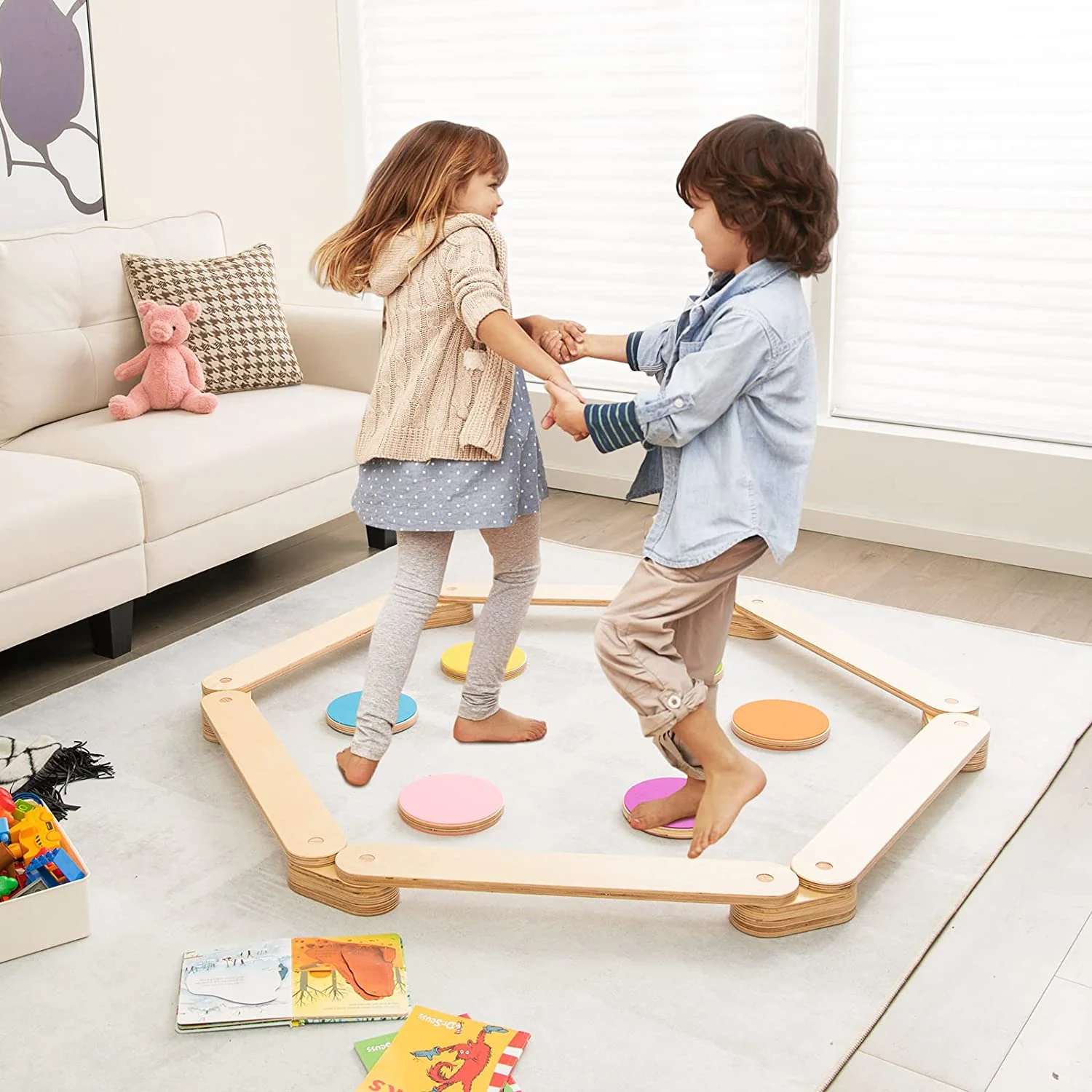 12-Piece Kids Wooden Balance Beam with Colorful Steeping Stones - Image 2