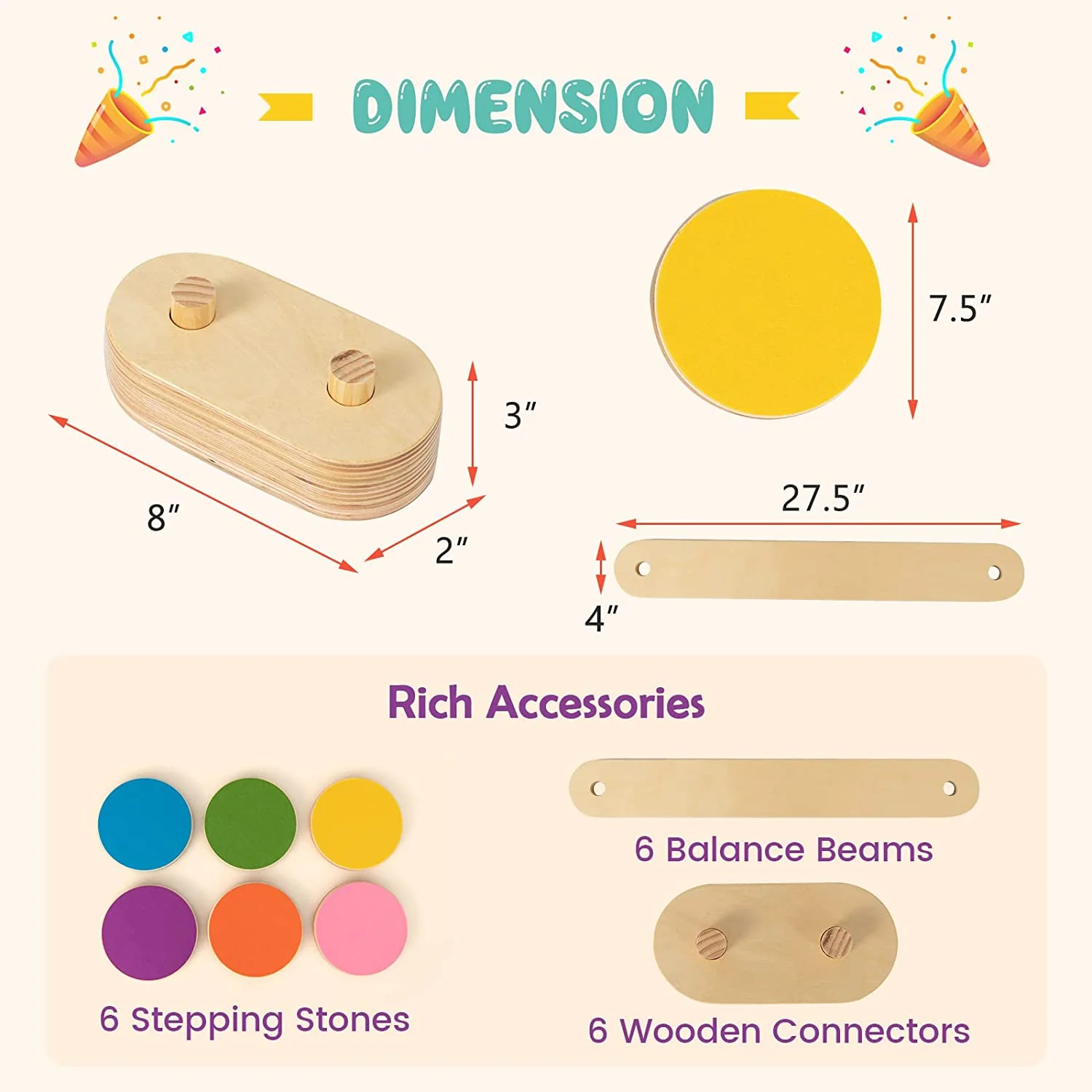 12-Piece Kids Wooden Balance Beam with Colorful Steeping Stones - Image 5
