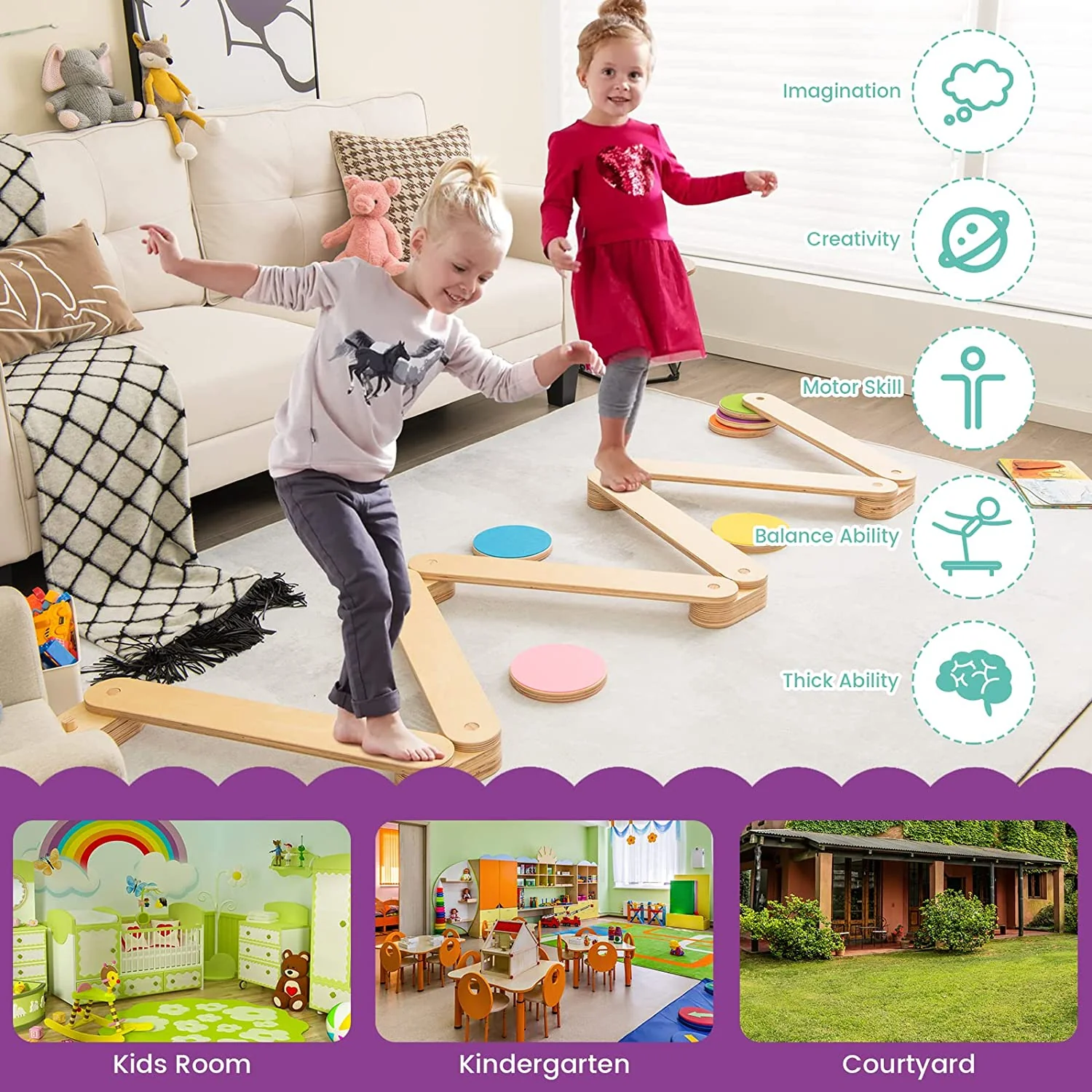 12-Piece Kids Wooden Balance Beam with Colorful Steeping Stones - Image 6
