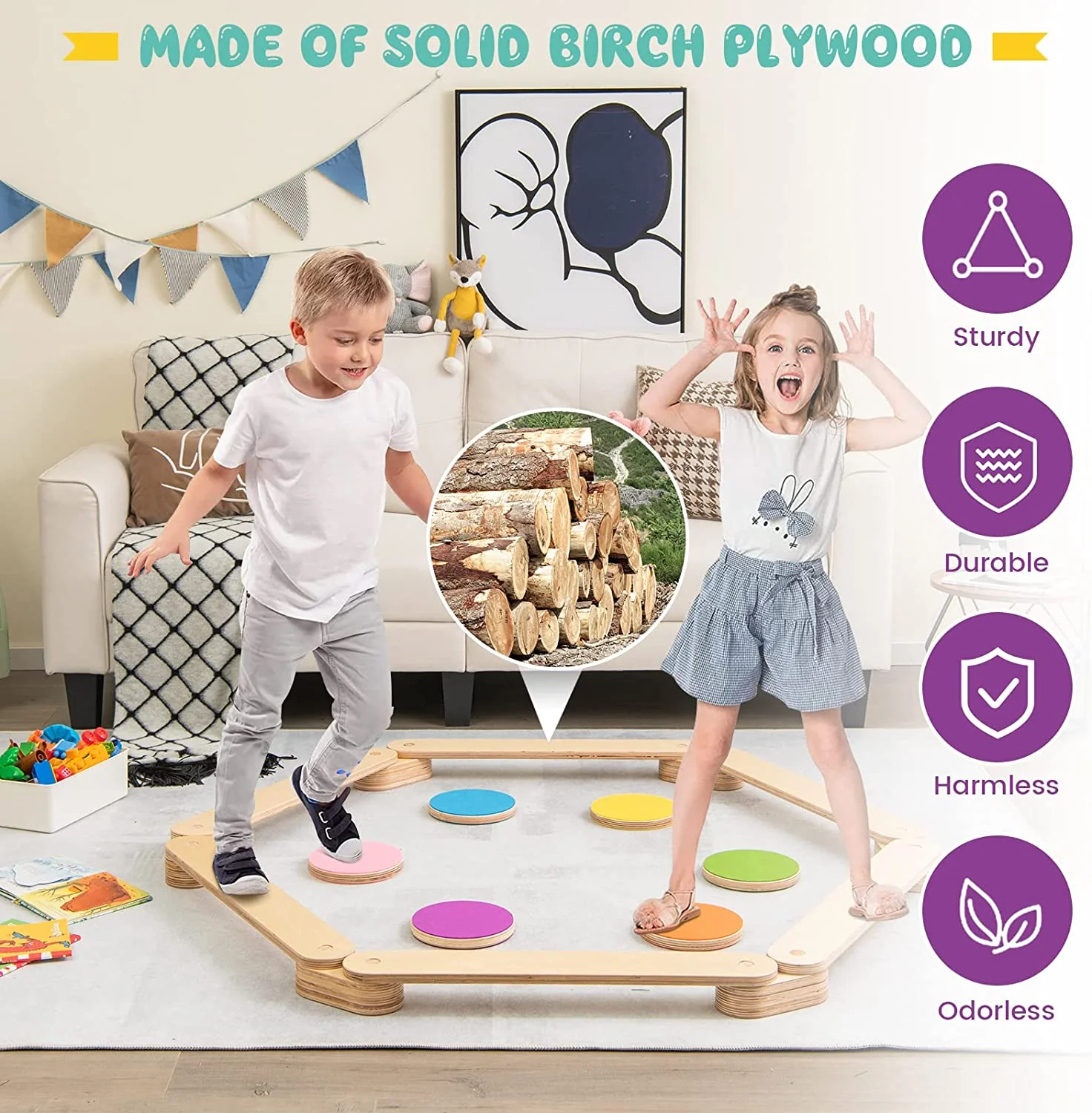 12-Piece Kids Wooden Balance Beam with Colorful Steeping Stones - Image 8