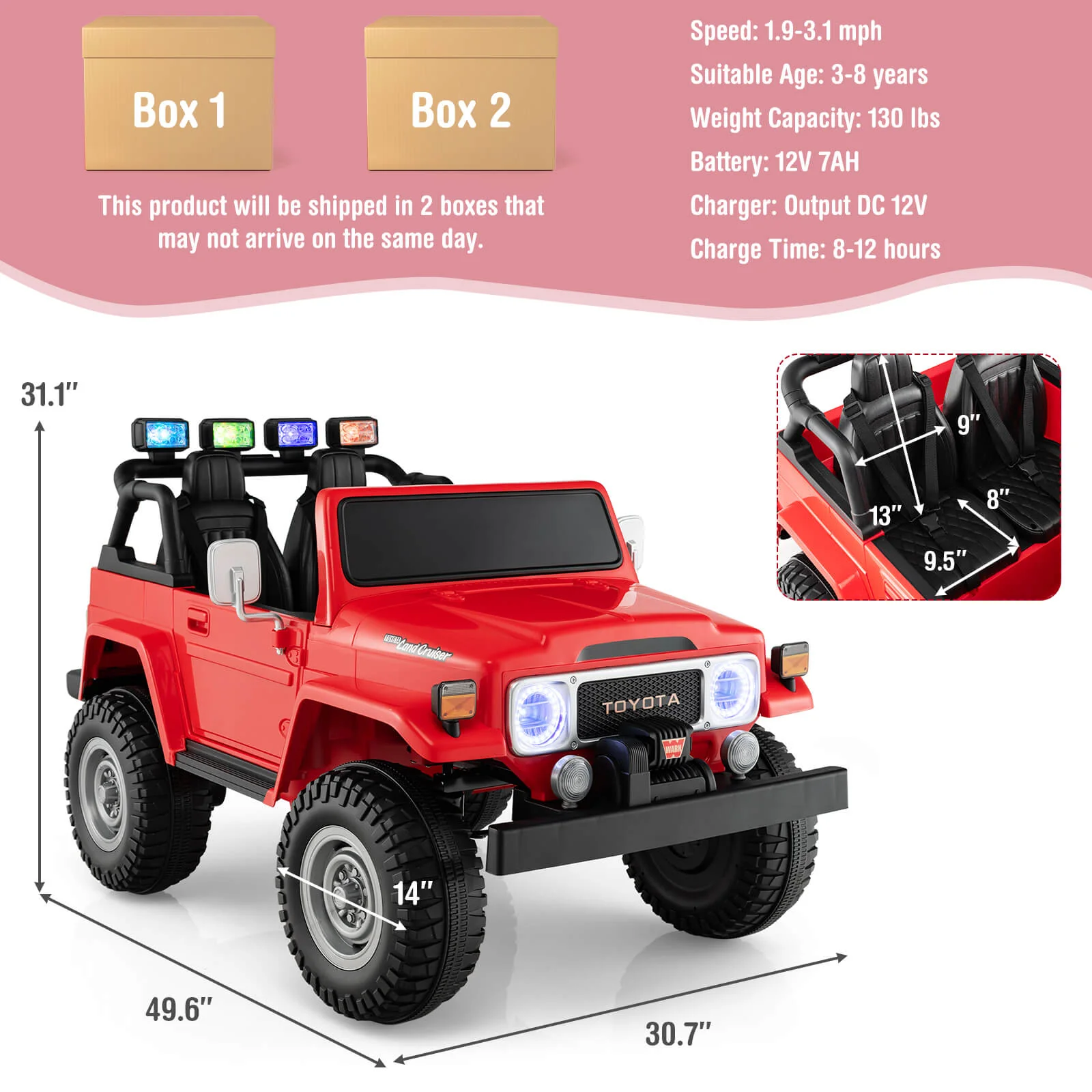 12V 2-Seat Licensed Kids Ride On Toyota FJ40 Car with 2.4G Remote Control - Image 20