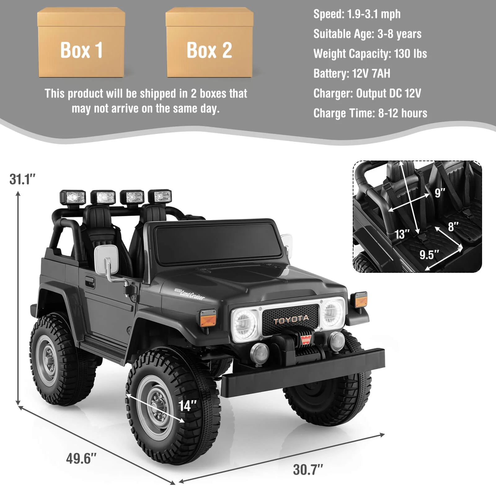 12V 2-Seat Licensed Kids Ride On Toyota FJ40 Car with 2.4G Remote Control - Image 4