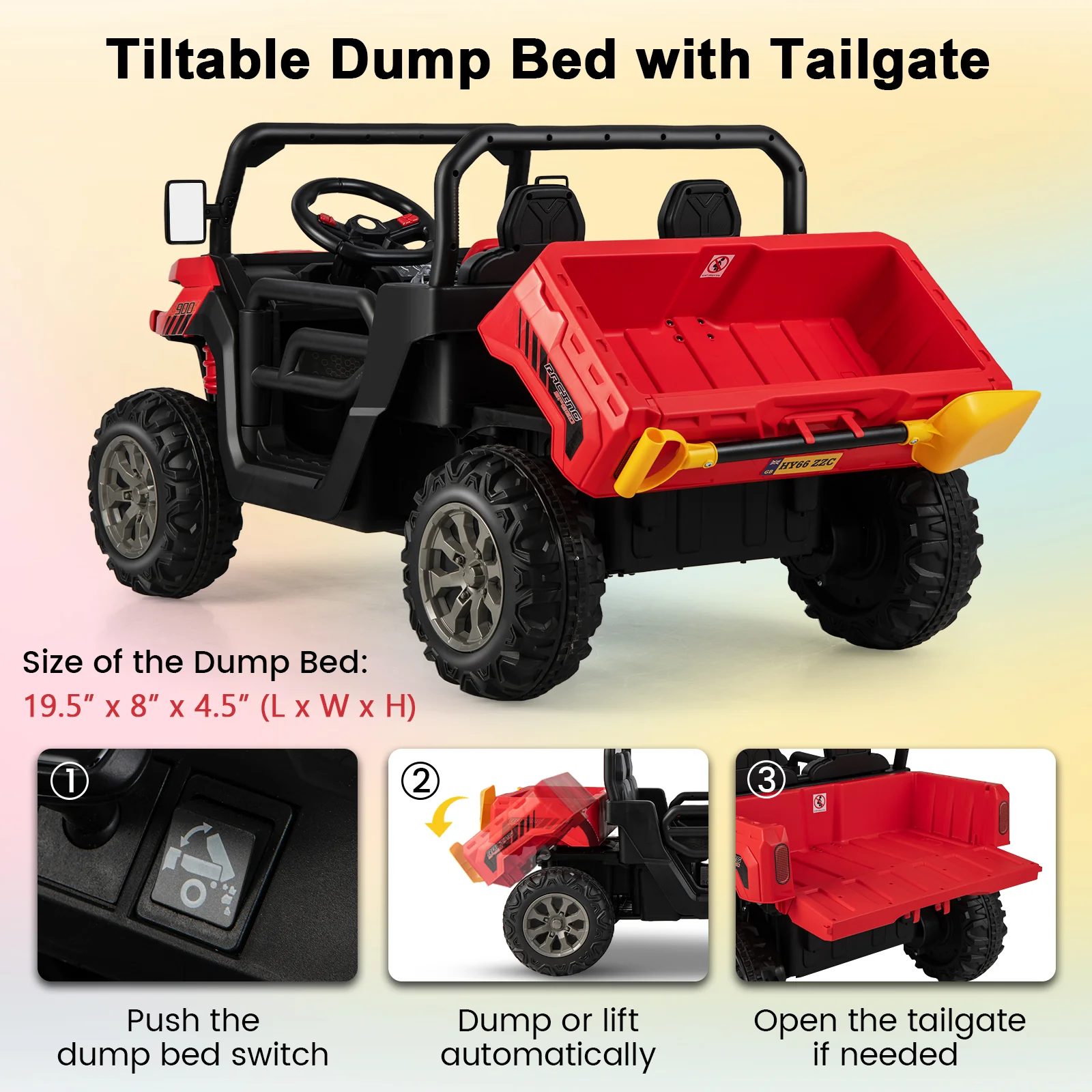 12V 2-Seater Kids Ride On Dump Truck with Dump Bed and Shovel - Image 23