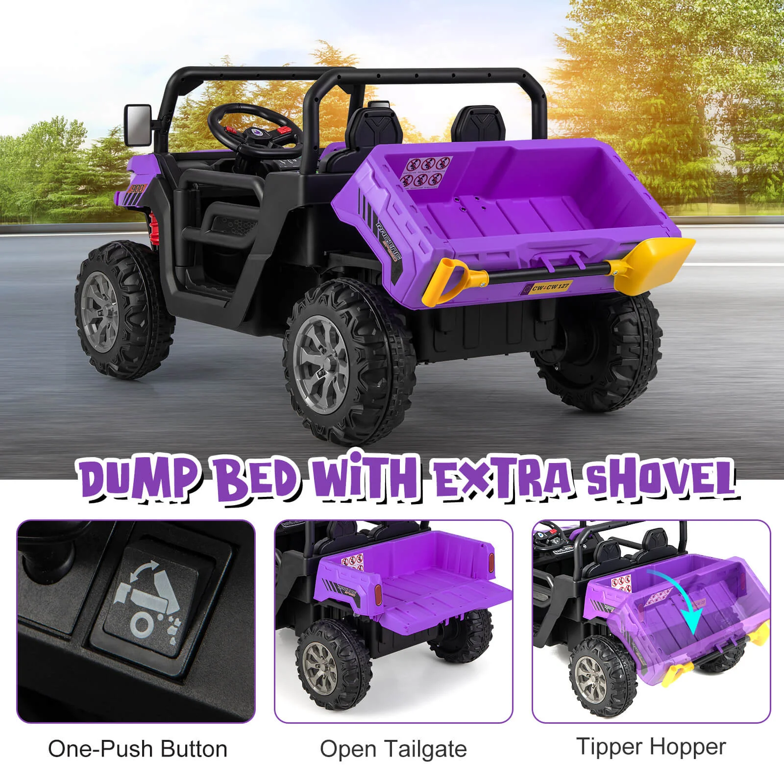 12V 2-Seater Kids Ride On Dump Truck with Dump Bed and Shovel - Image 8