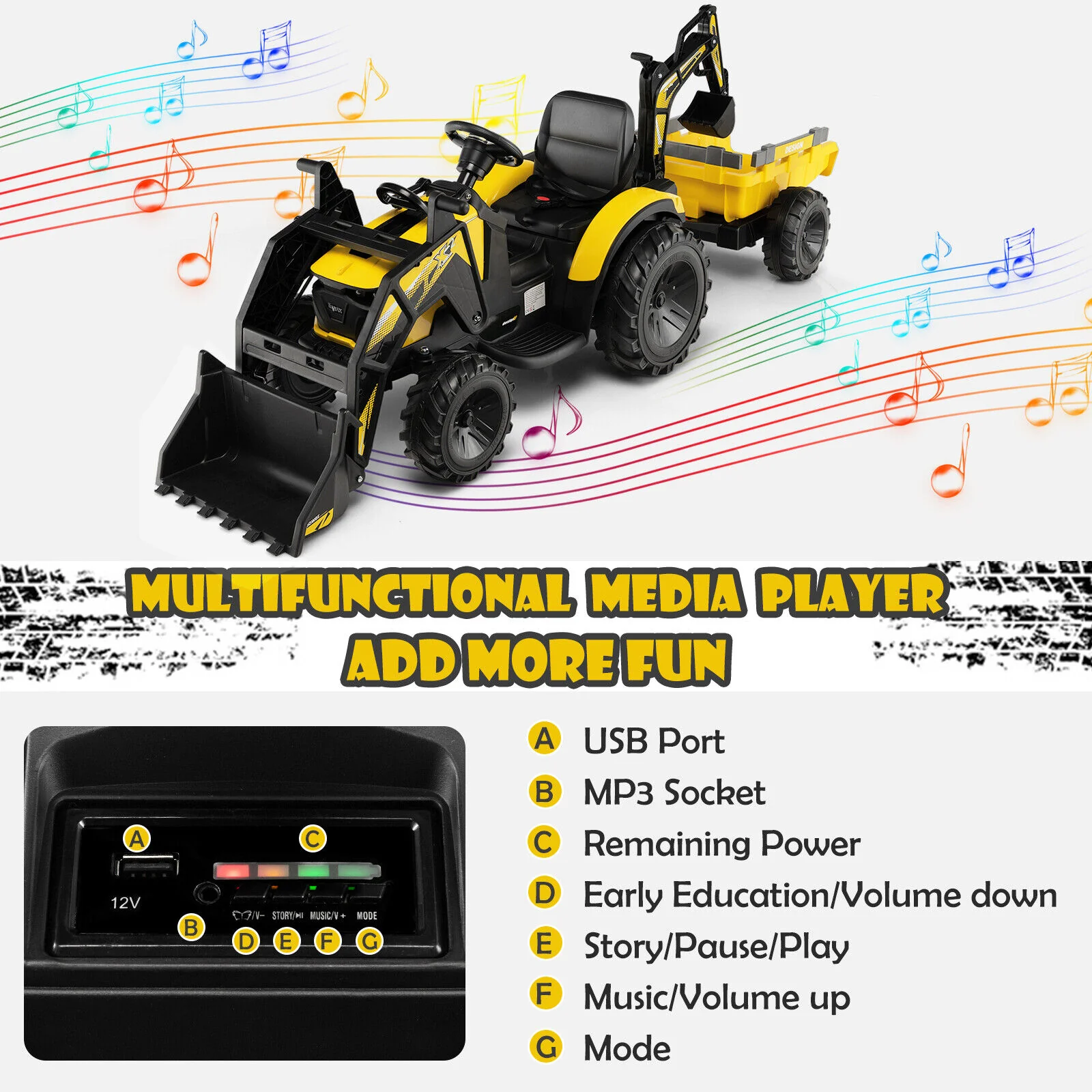 12V 3 in 1 Kids Ride On Excavator with Shovel Bucket and Music - Image 13