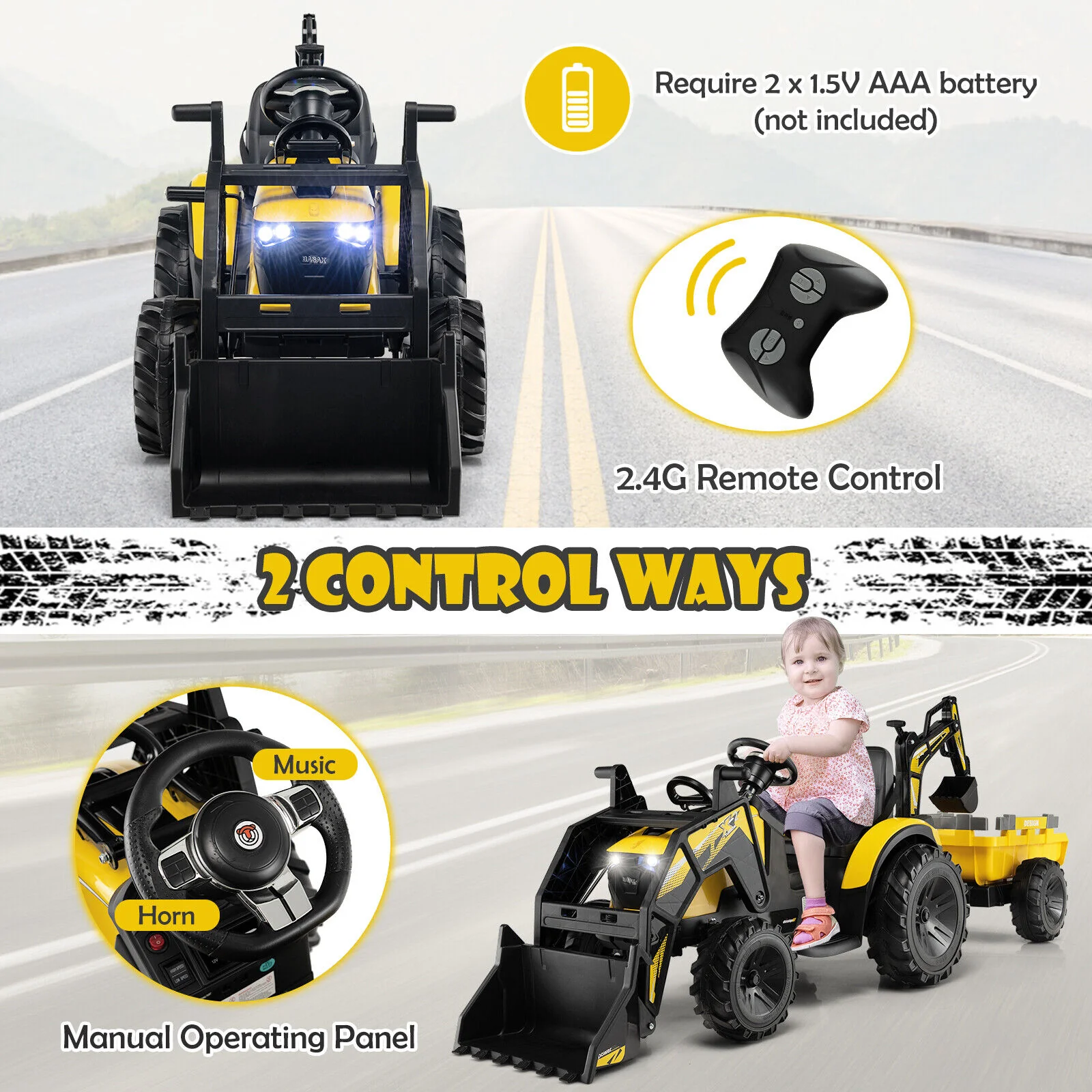 12V 3 in 1 Kids Ride On Excavator with Shovel Bucket and Music - Image 16