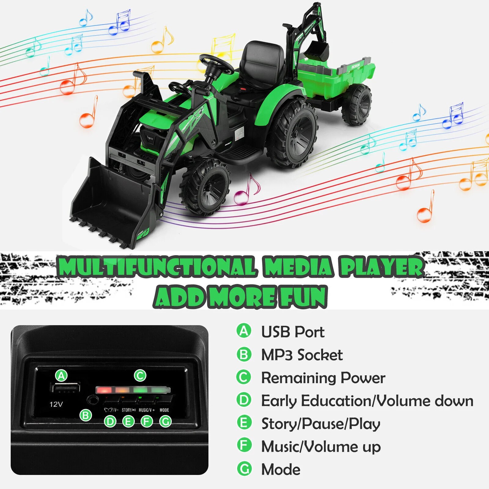 12V 3 in 1 Kids Ride On Excavator with Shovel Bucket and Music - Image 7