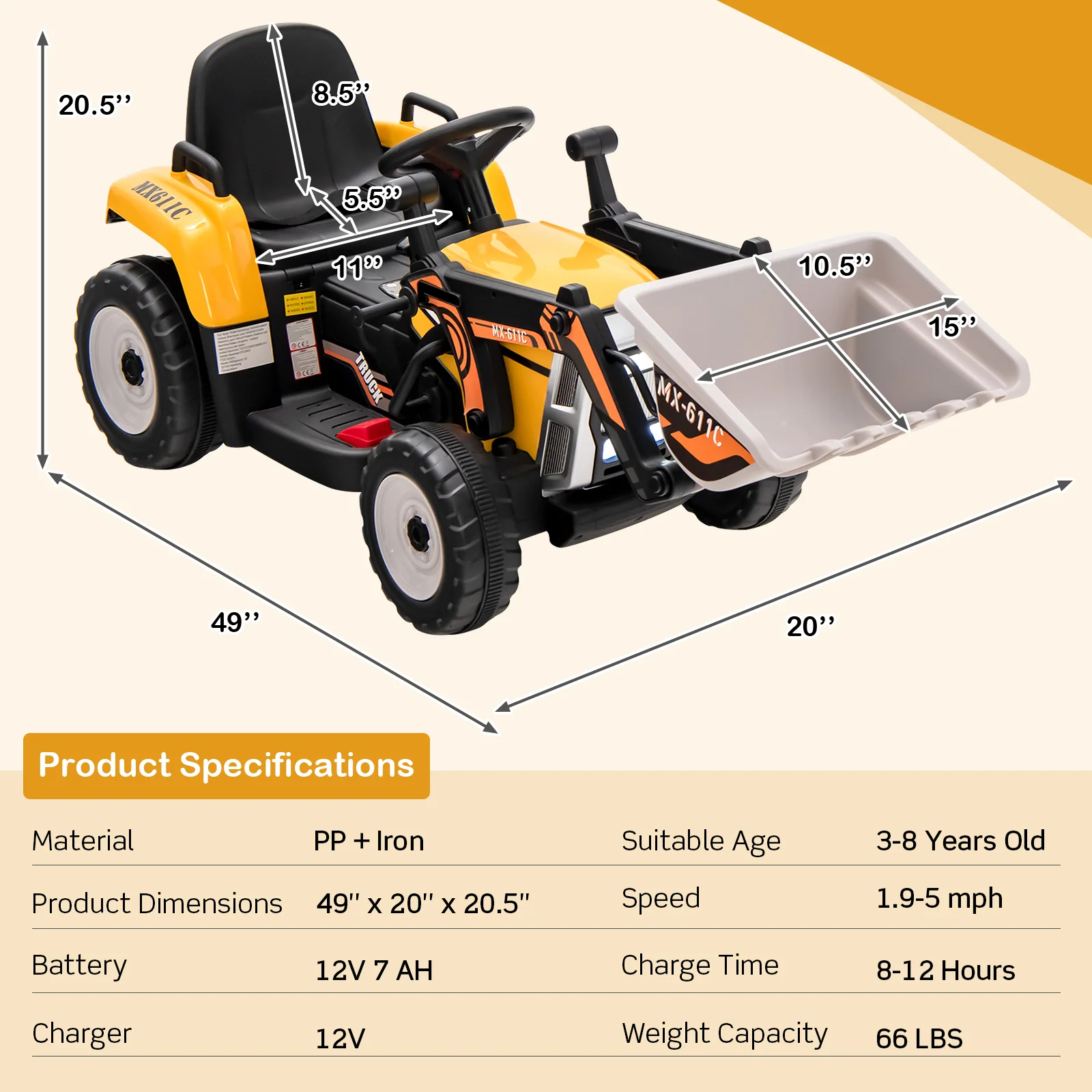 12V Battery Powered Kids Ride on Excavator with Adjustable Arm and Bucket - Image 19