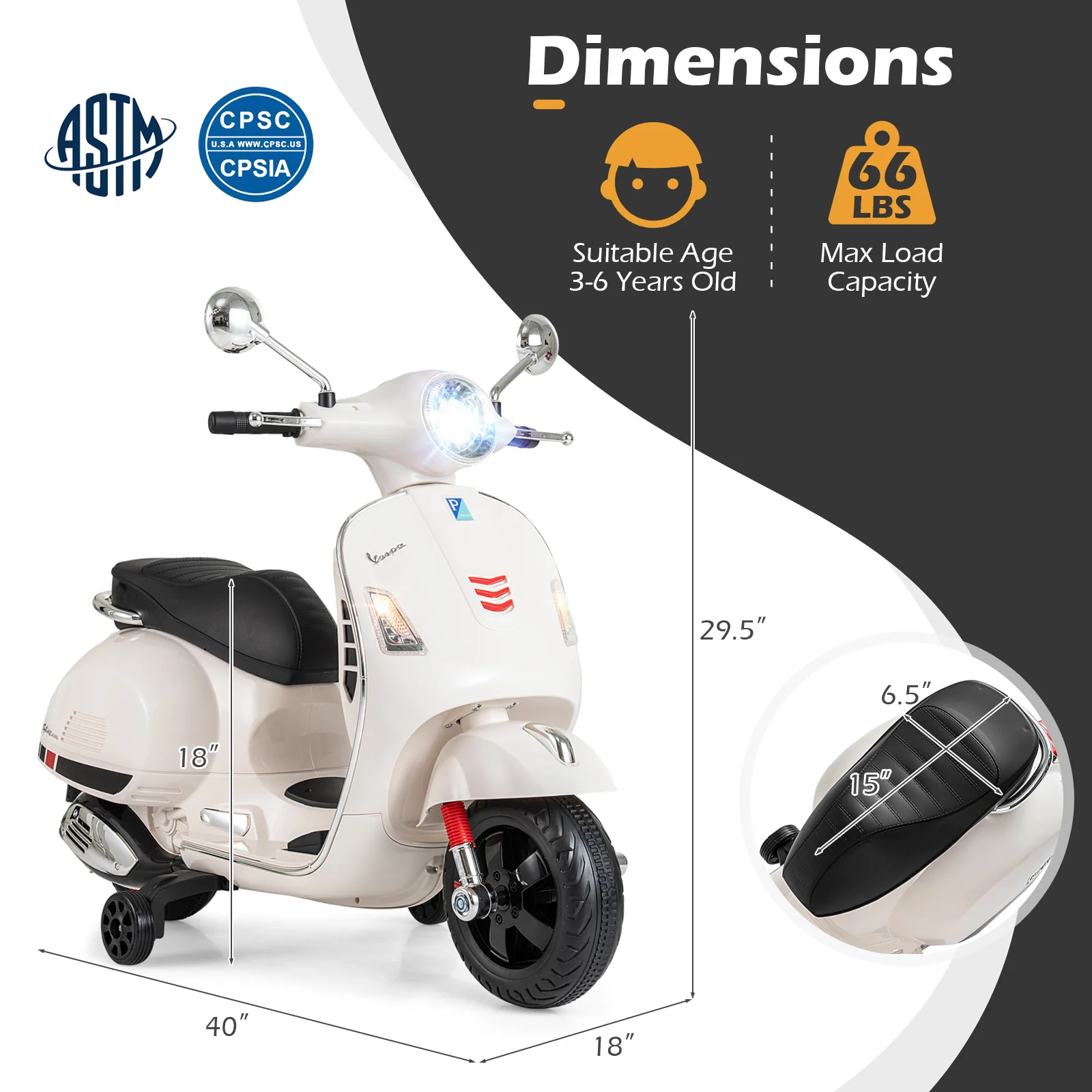 12V Kids Electric Motorcycle Licensed VESPA with Music and Training Wheels - Image 12