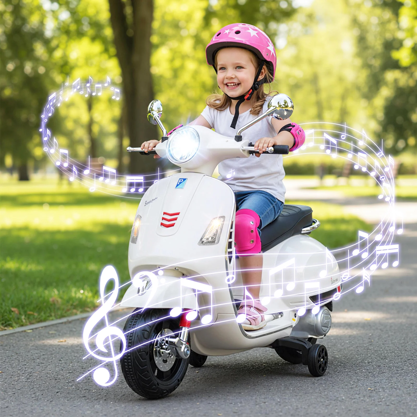 12V Kids Electric Motorcycle Licensed VESPA with Music and Training Wheels - Image 9
