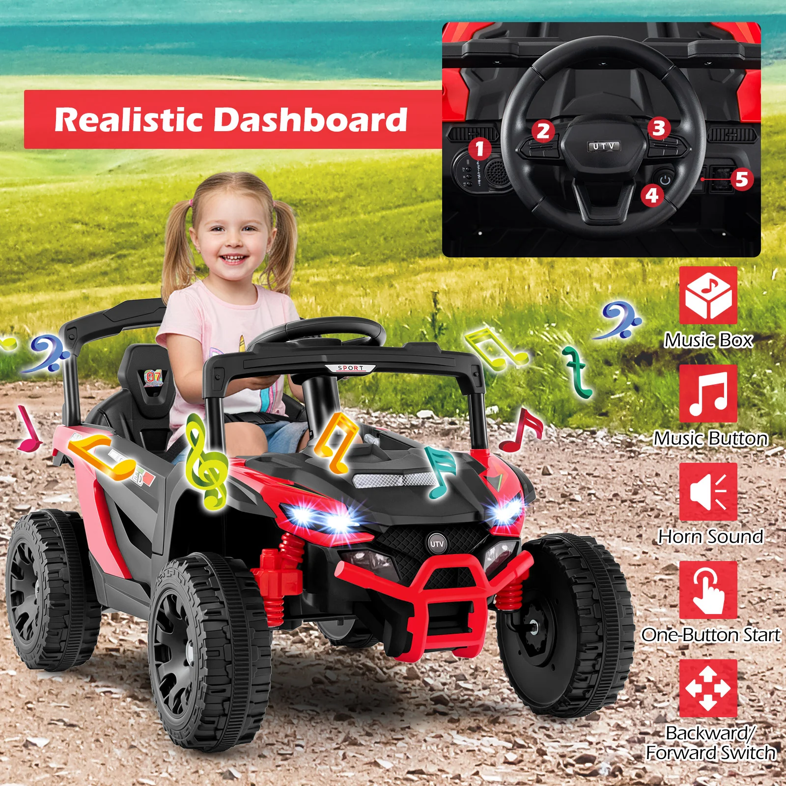 12V Kids Ride On Car UTV Electric Vehicle with LED Lights Music and Horn - Image 16