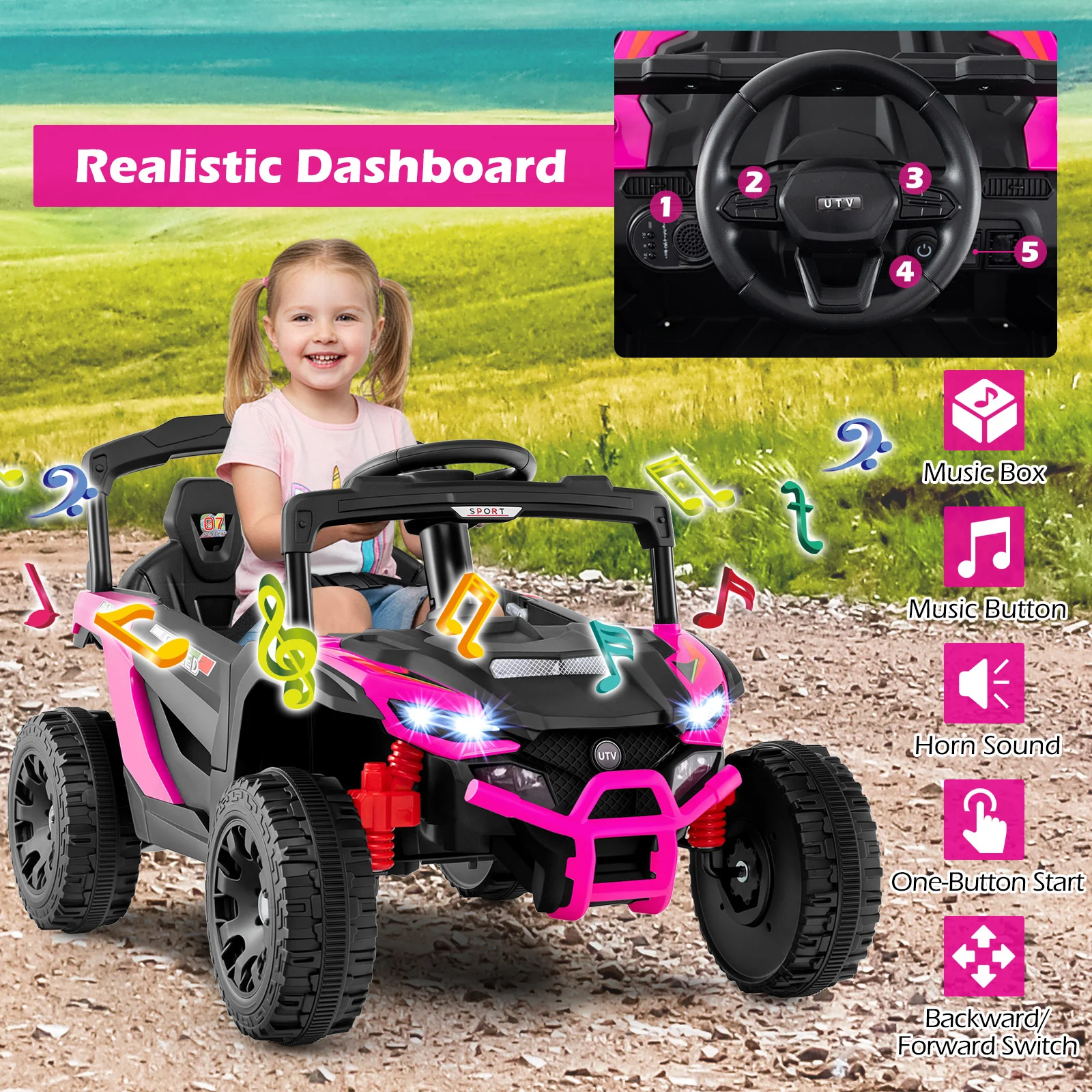 12V Kids Ride On Car UTV Electric Vehicle with LED Lights Music and Horn - Image 23