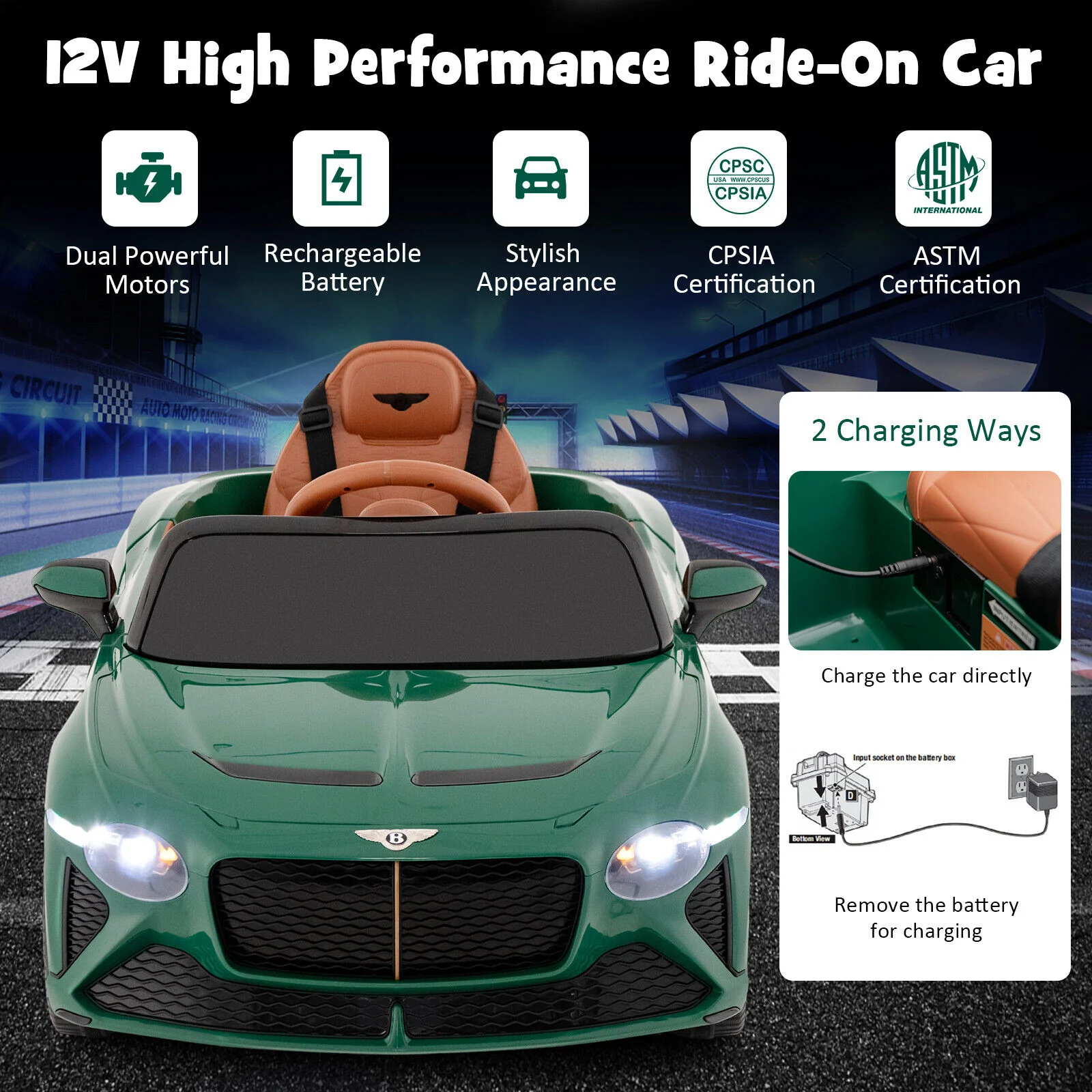 12V Powered Car Kids Ride-on Racer Car Licensed Bentley Bacalar - Image 8