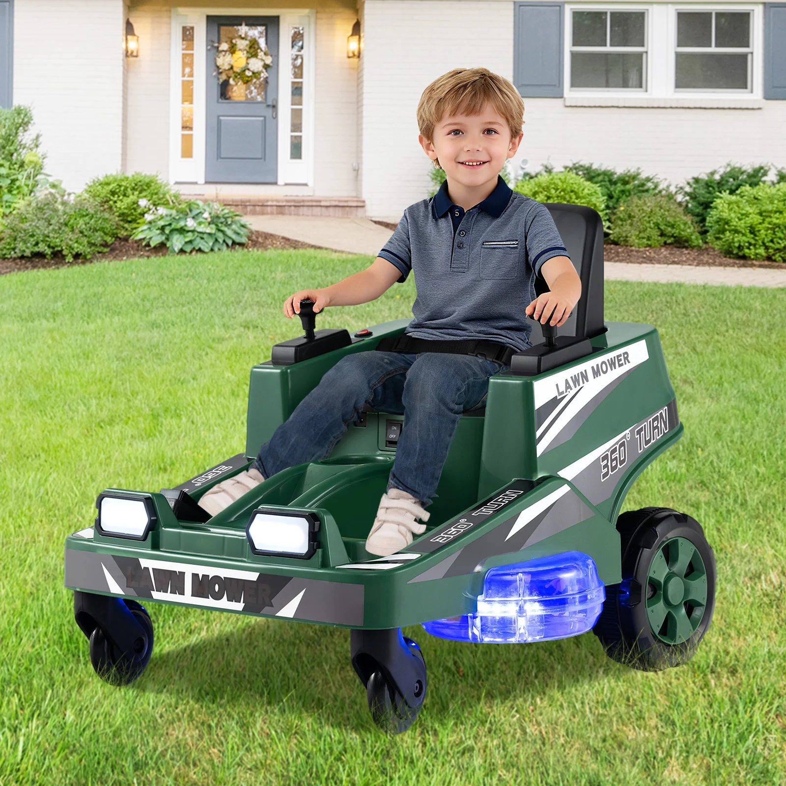 12V Ride on Lawn Mower for Kids with Dual Control Sticks and LED Lights